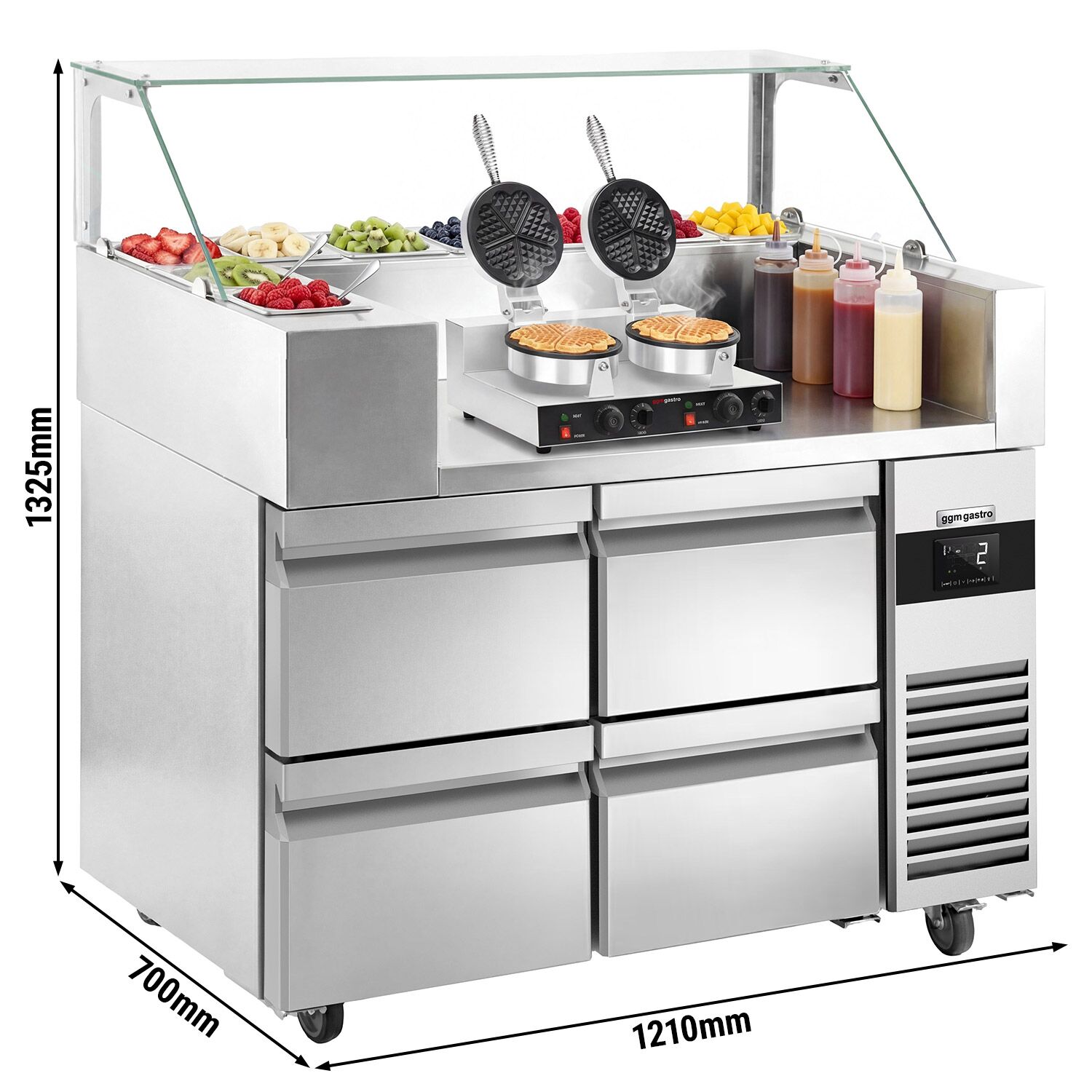 Table de préparation – 1210 mm – 4 tiroirs – pour 9× GN 1/6 – incl. gaufrier – Forme cœur