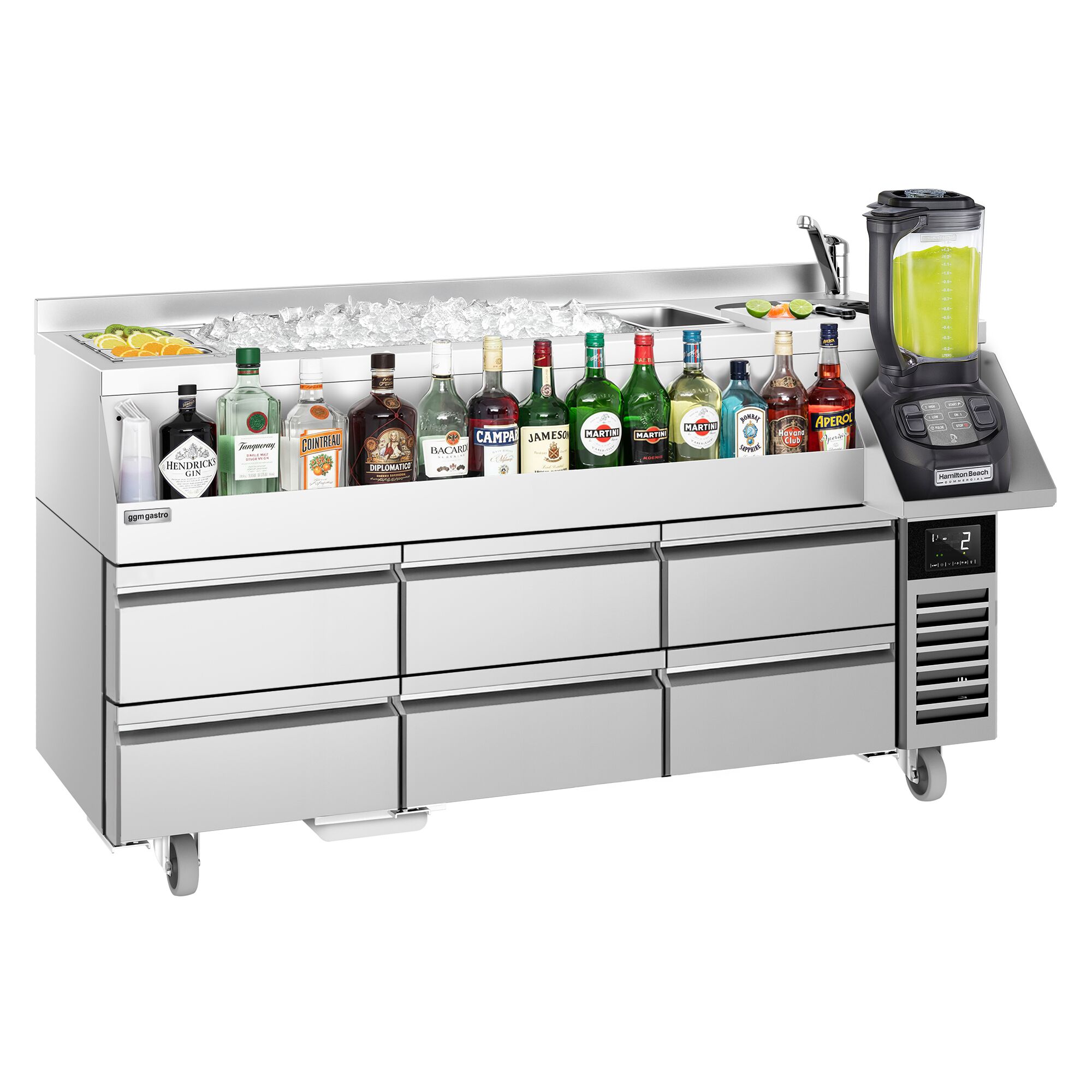Table réfrigérée de bar pour cocktails et boissons - 1600 mm - 235 litres - 6 tiroirs & prise 230 V