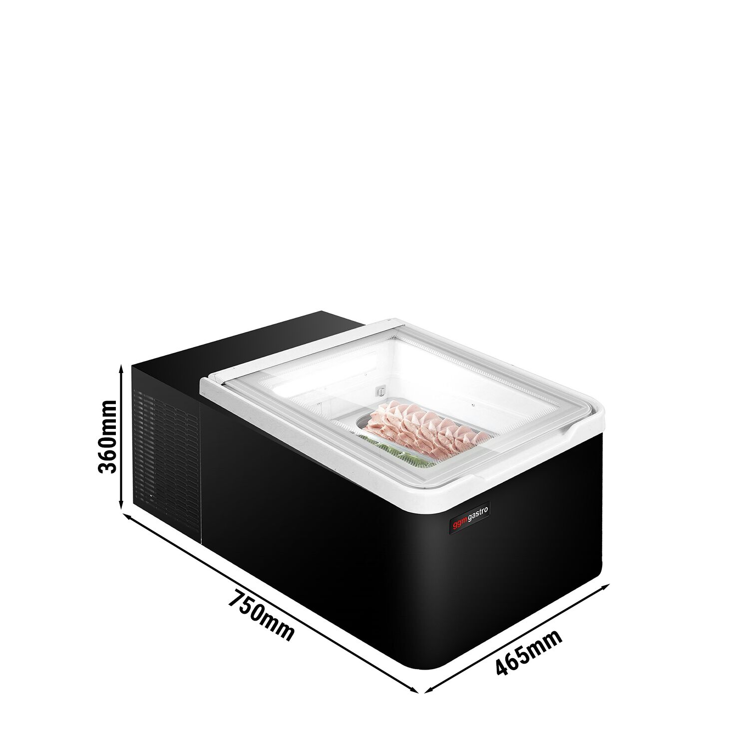 Vitrine à glaces à poser - 465mm - Froid statique - Couvercle vitré basculant - Noir - pour 2 bacs de 5 L - Côté client