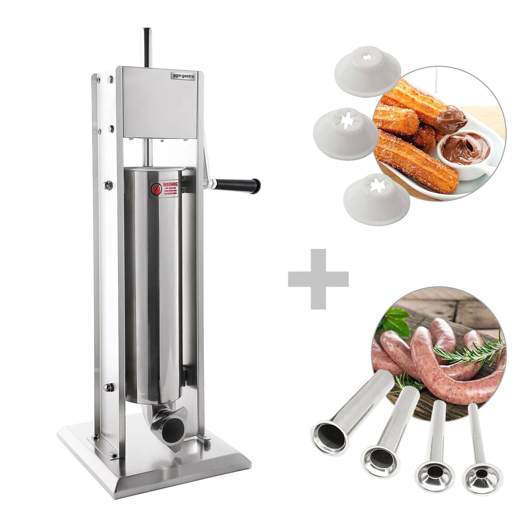Poussoir à saucisses Manuel & Machine à churros - 7 Litres - inox - incl. 4 Embouts à saucisses & 3 Embouts à churros