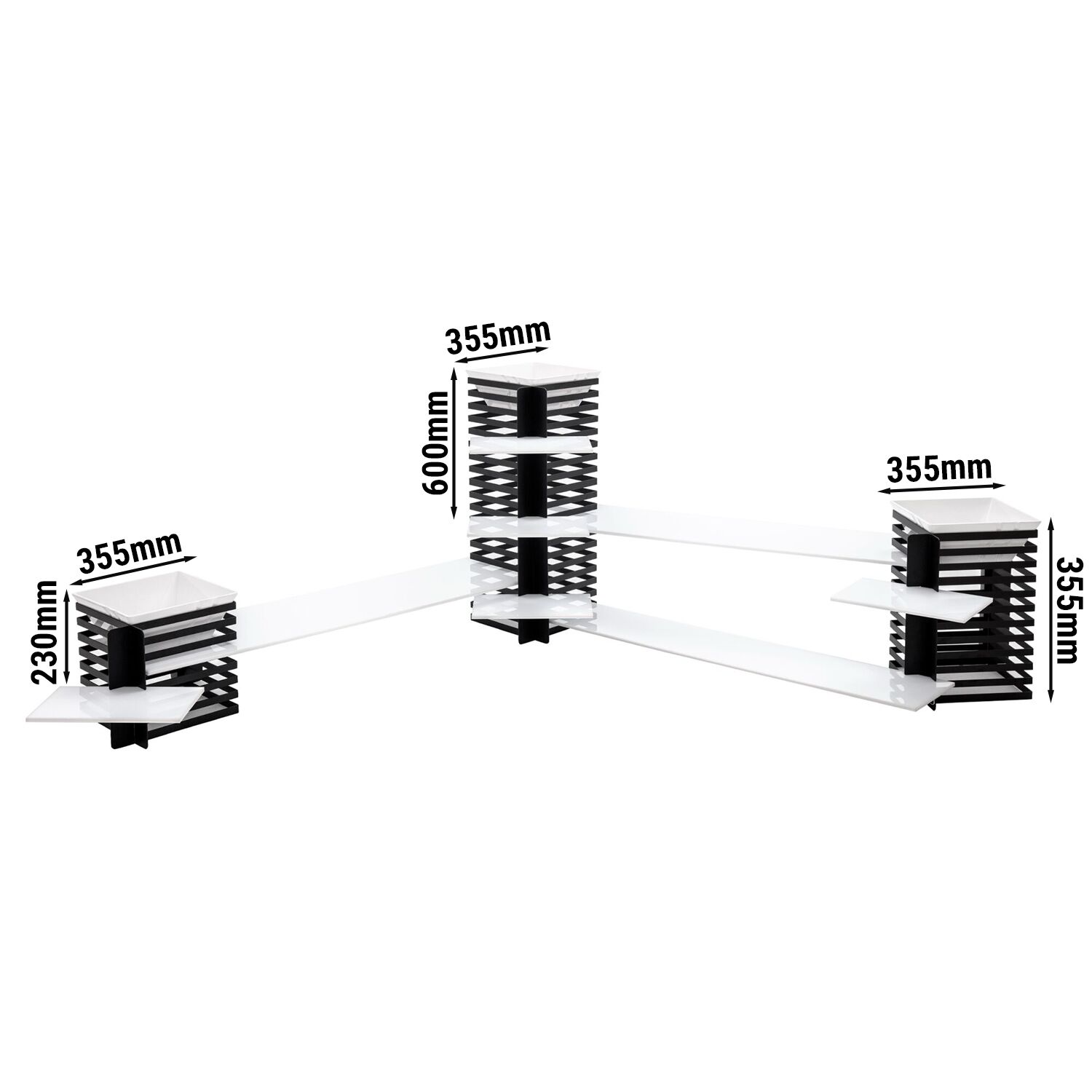 Etagere / Buffet Stand - Stainless steel frame & Plexiglas shelves - White with black columns - square - Height: 600mm - incl. 3 Melamine bowls