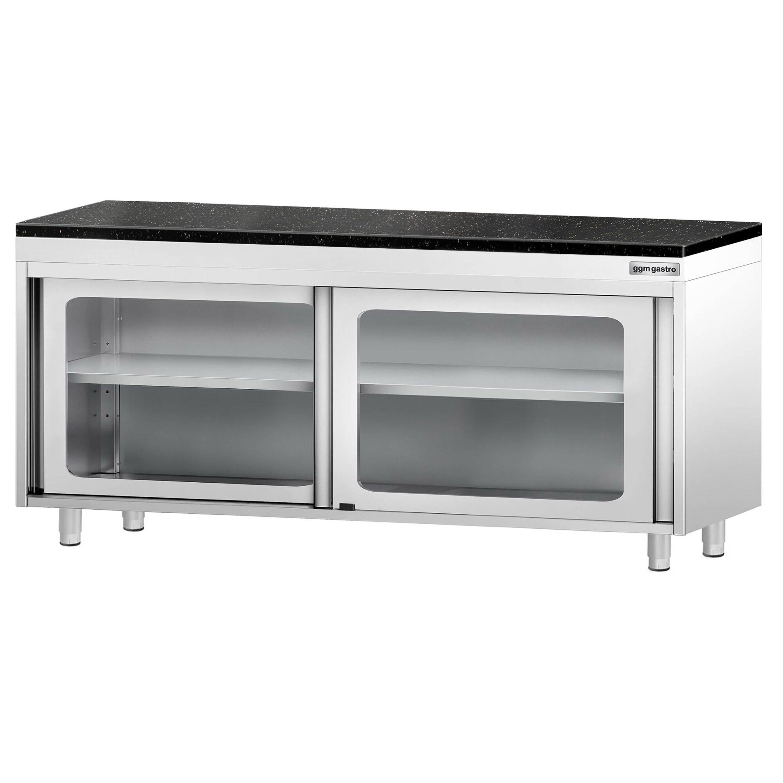 Roestvrijstalen werkkast PREMIUM - 2000 x 600 mm - met glazen schuifdeur - incl. granieten werkblad