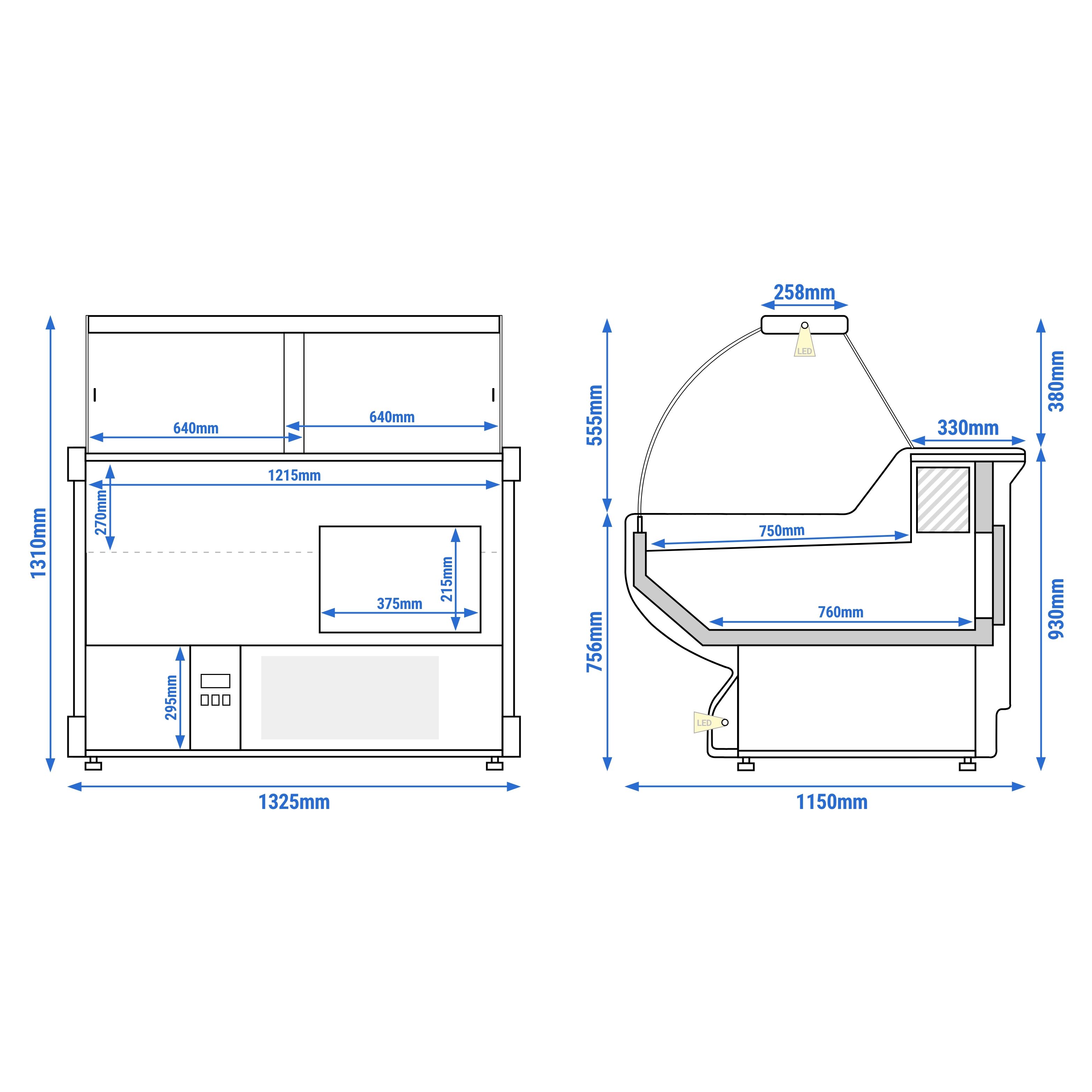 Comptoir vitrine réfrigérée - 1325x1150mm - +1/+10°C - Vitre bombée - 260L - Façade rouge