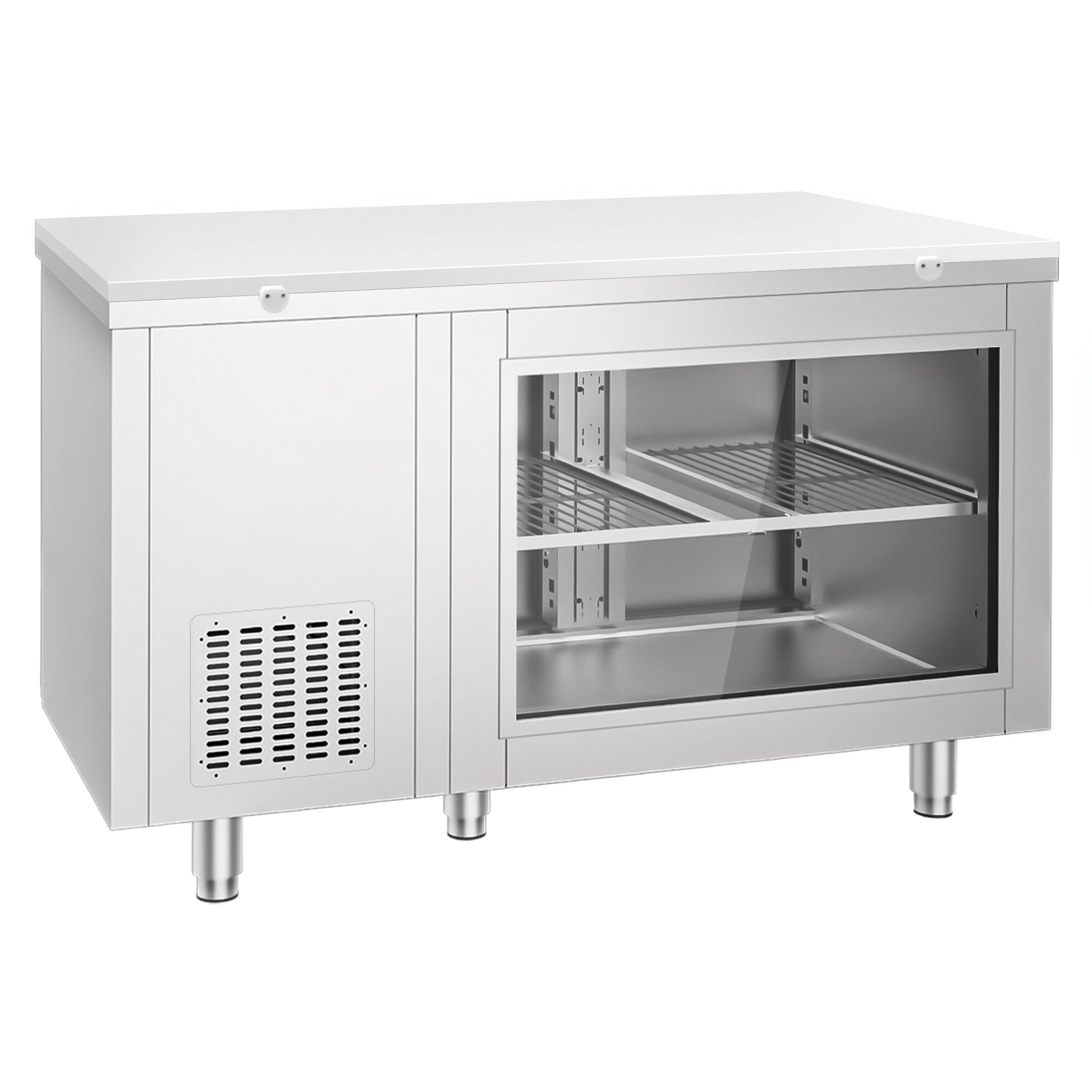 Refrigerated Counter – 1400 × 700 mm – Rear Side with 2 Doors – Glass Front – incl. White Cutting Board