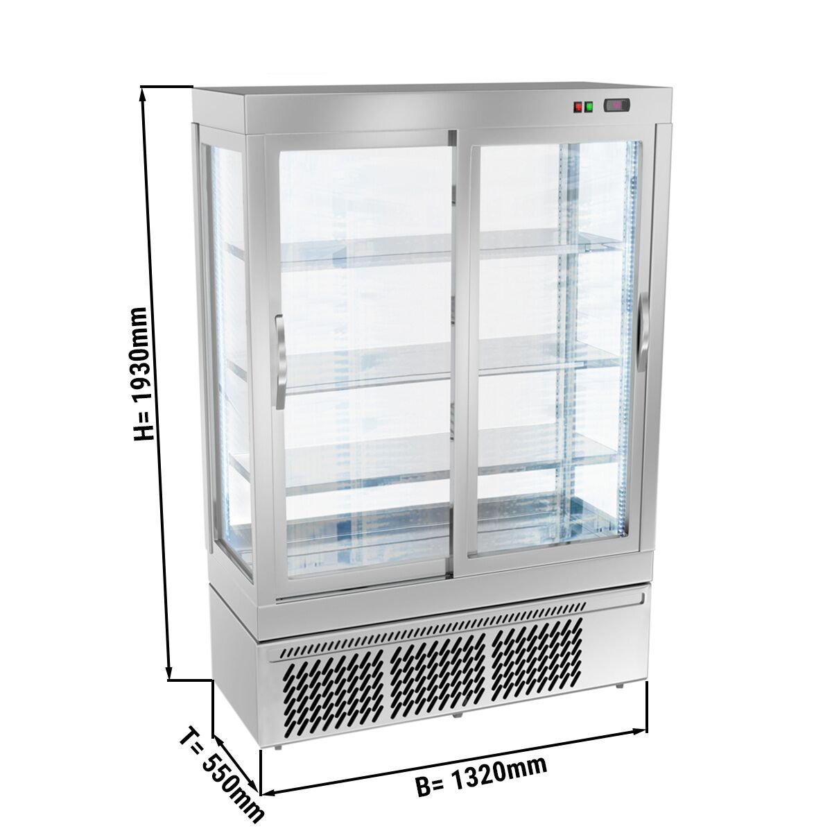 4-Sided Glass Display Fridge - 855L - 1320mm - Double glazing - square - with 3 glass shelves - 2 sliding glass doors - Silver
