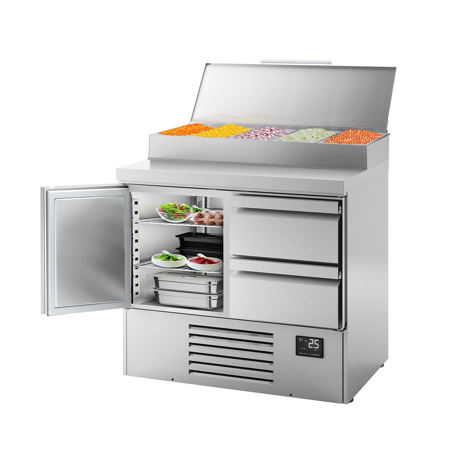 Table réfrigérée de préparation Mini - 978 x 700 mm - avec 1 porte et 2 tiroirs - avec superstructure en inox 5 x GN 1/4