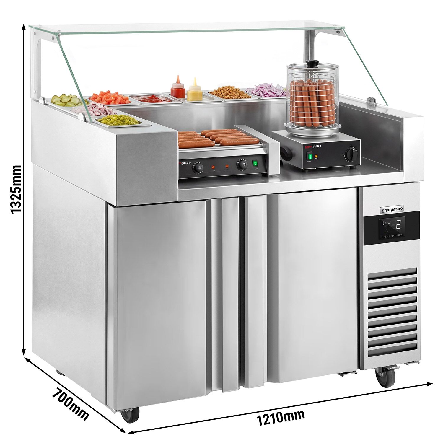 Saladette Kompakt - 1210x700 mm - glasöverdel - 2 dörrar - för 9x GN 1/6 - inkl. Hotdoggrill & -värmare
