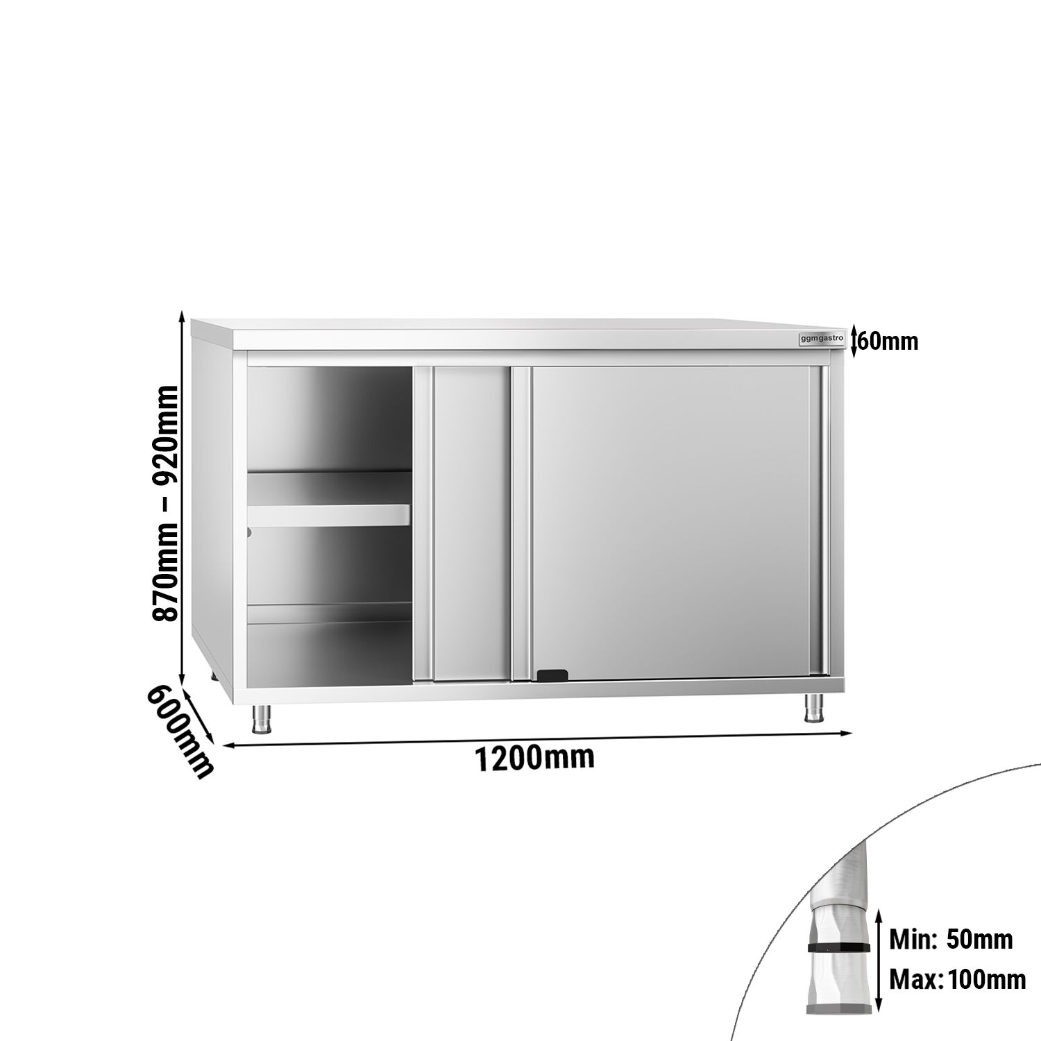 Table armoire en acier inoxydable PREMIUM - 1200x600mm - avec portes coulissantes