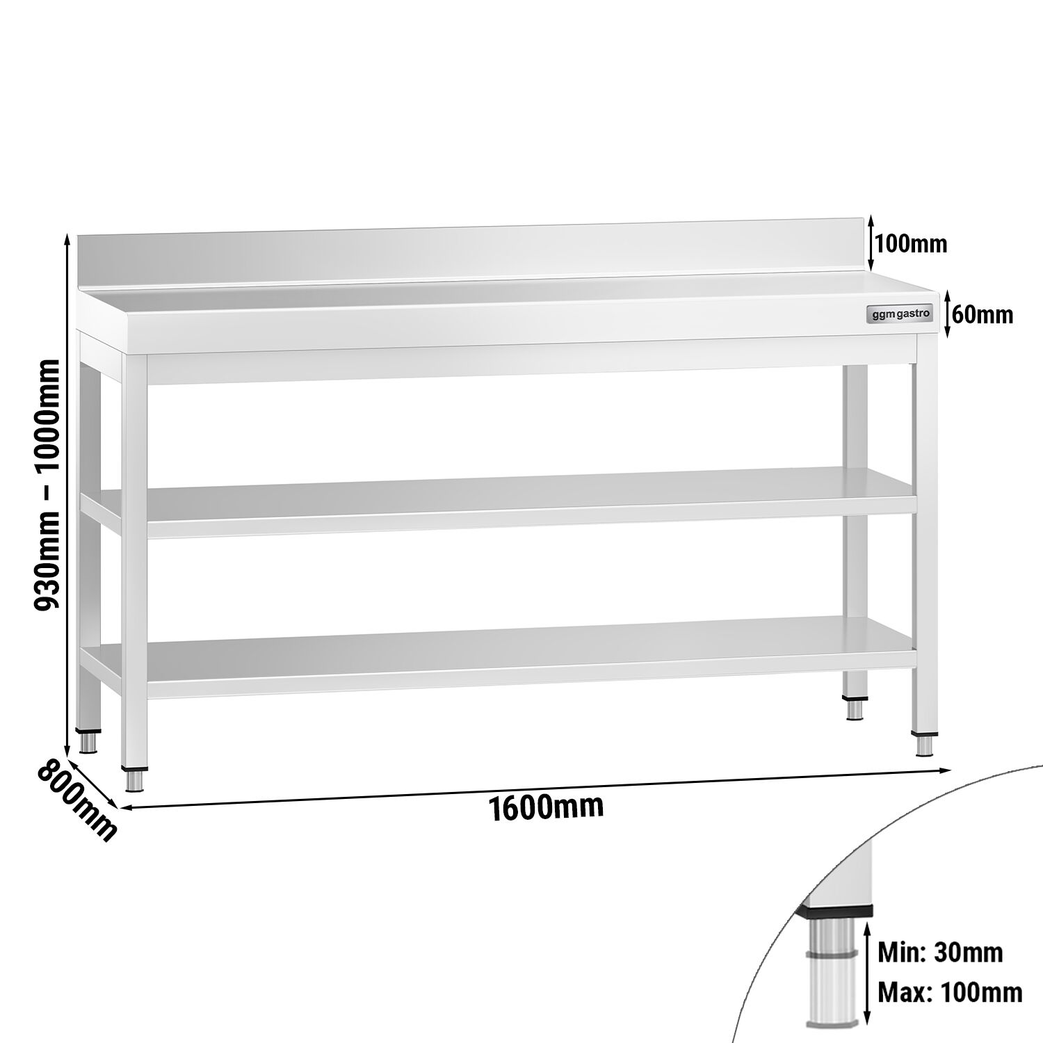 Table de travail inox PREMIUM - 1600 x 800 mm - avec tablette inférieure, Dosseret & Tablette intermédiaire