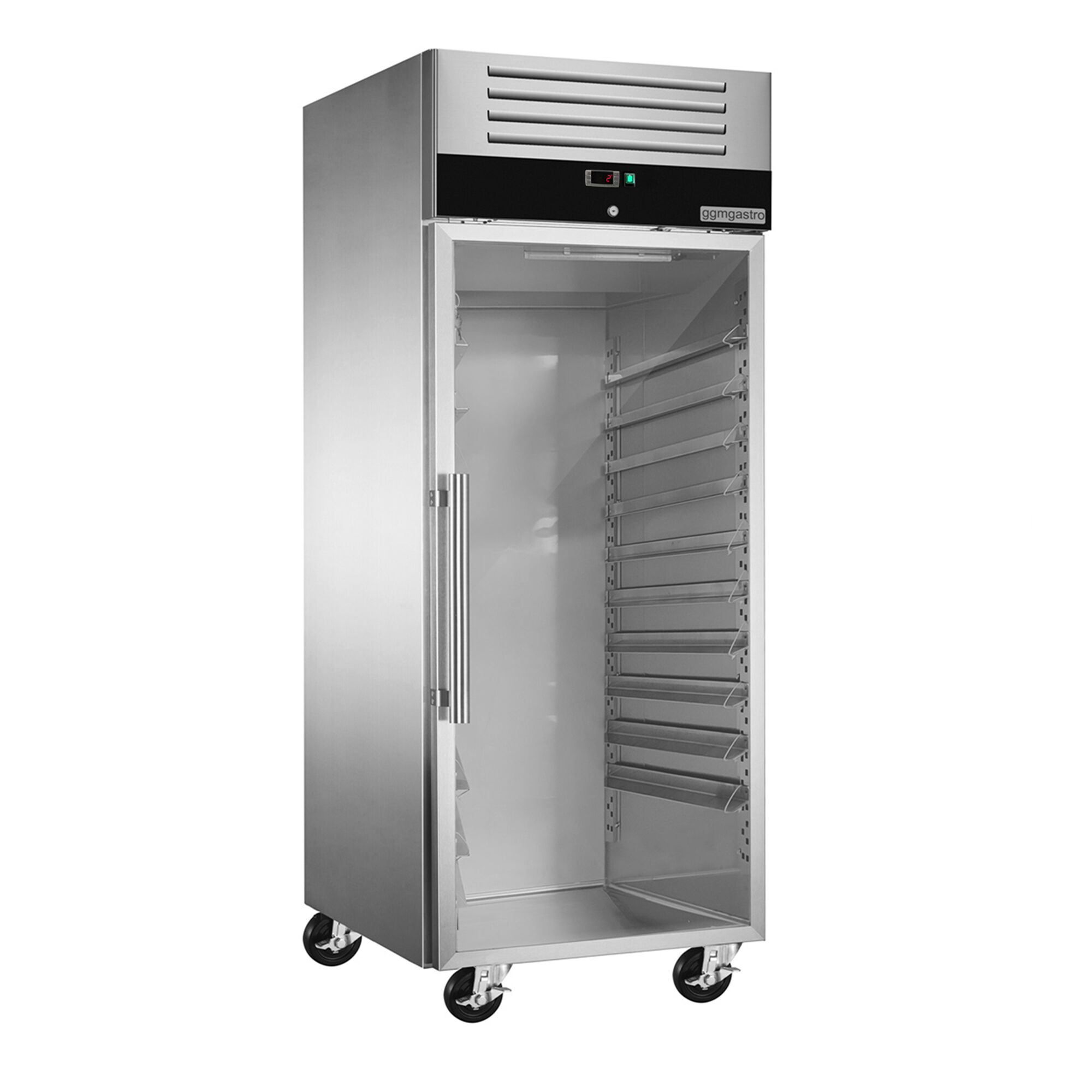 Armoire pâtissière positive Inox AISI 304 PREMIUM - EN 600 x 800 - 737 L - avec 1 porte vitrée & Glissières - Noire - Roulettes