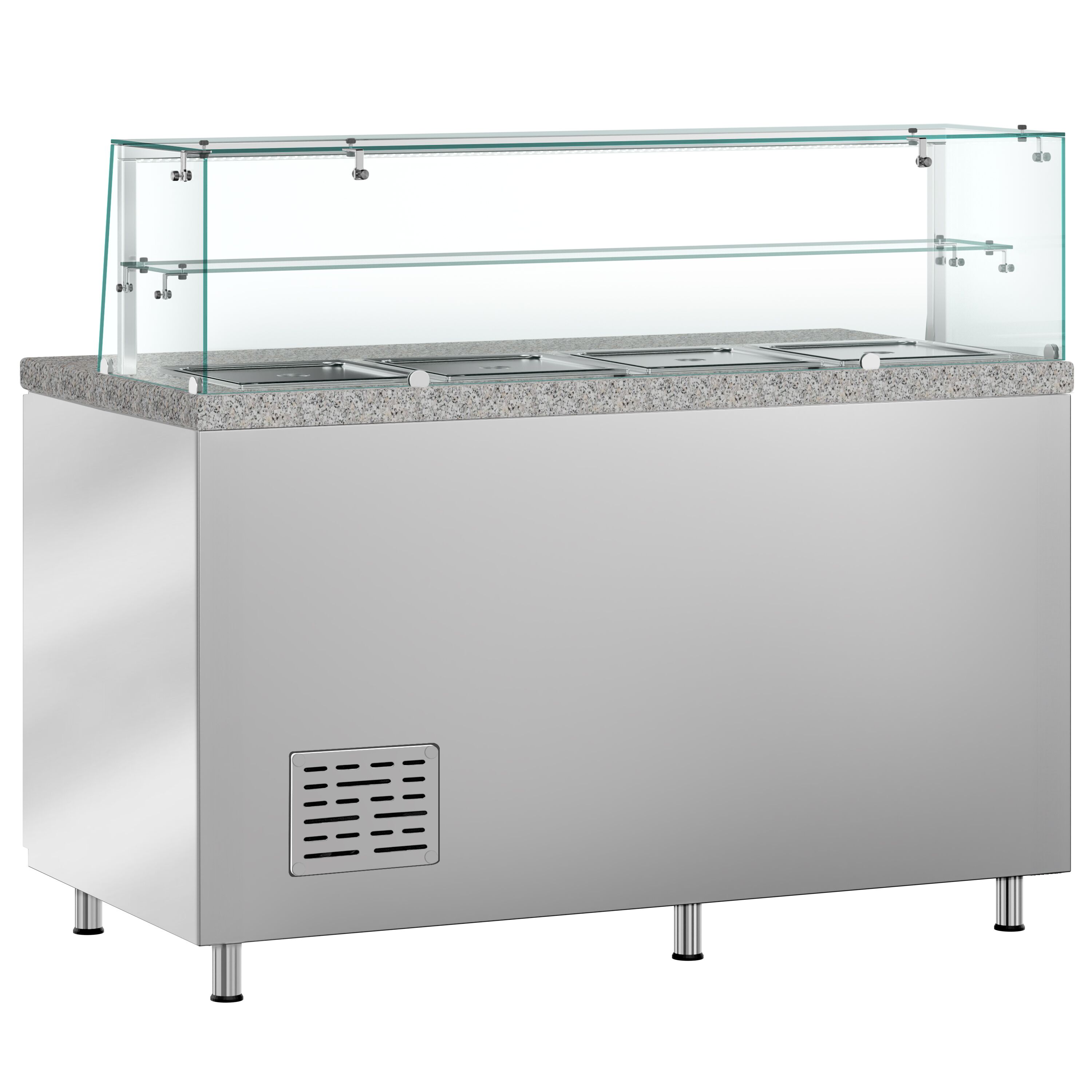Saladette réfrigérée PREMIUM - 1515mm - 390L - 2 portes - avec vitrine de comptoir pour 4x GN 1/1 & 1 étagère - plan de travail en granit noir