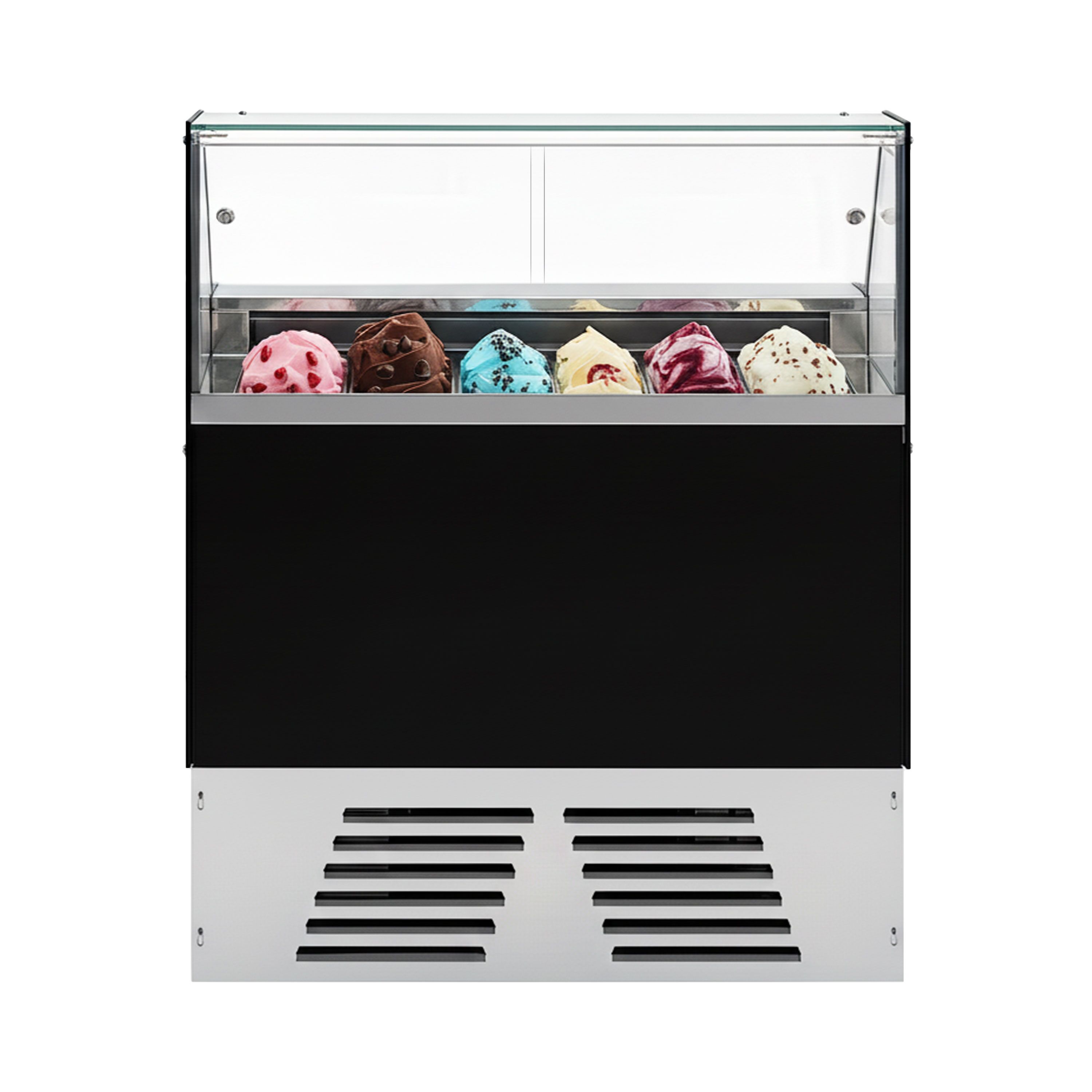 Vitrine à glace EMMA – 1190 mm – refroidissement ventilé – pour 6 bacs à glace de 5 litres ou 4 bacs de 7 litres – noir