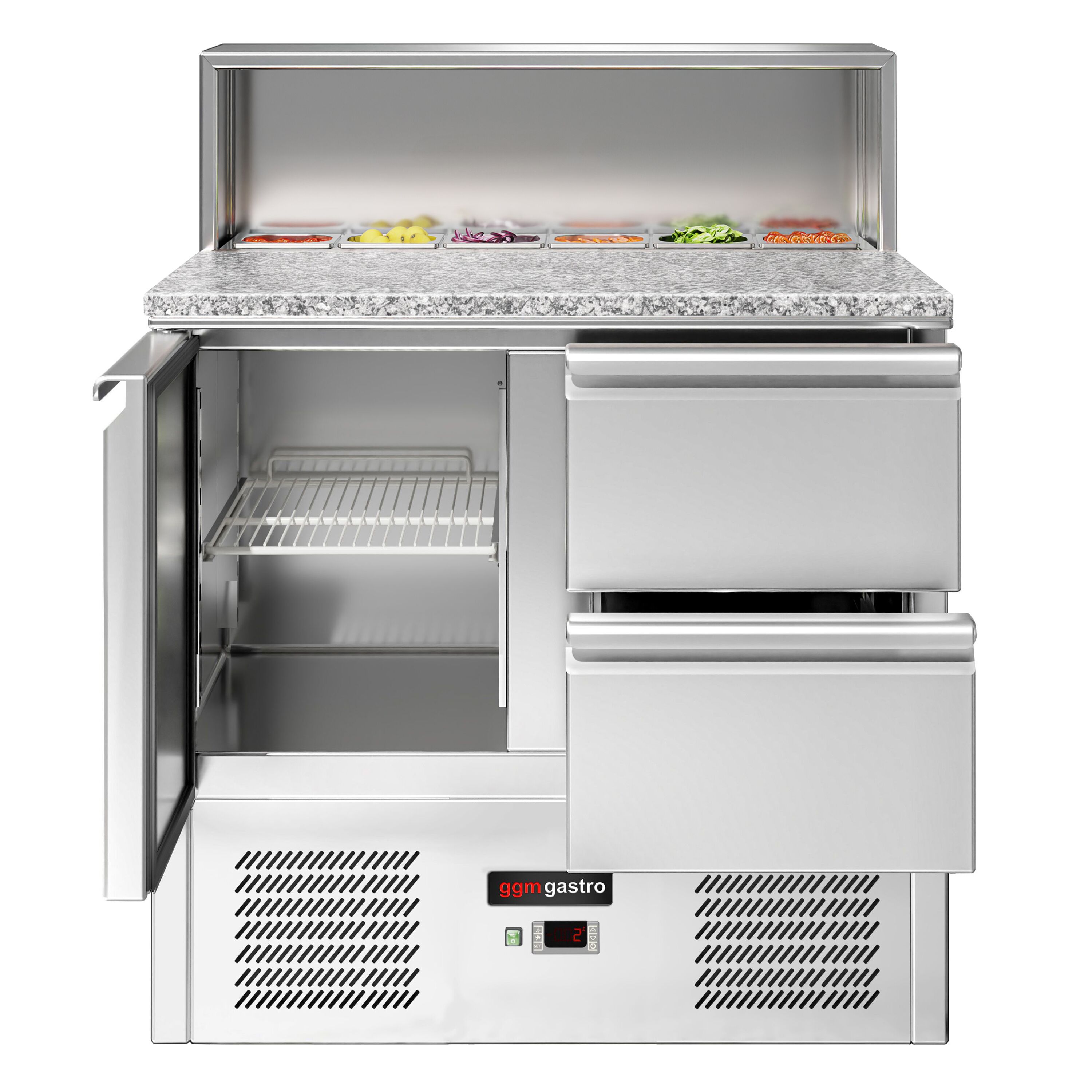 Saladette réfrigérée ECO - 903mm - 240L - 1 porte & 2 tiroirs - avec découpe pour 5x GN 1/6 & Couvercle inox - plan de travail en granit noir