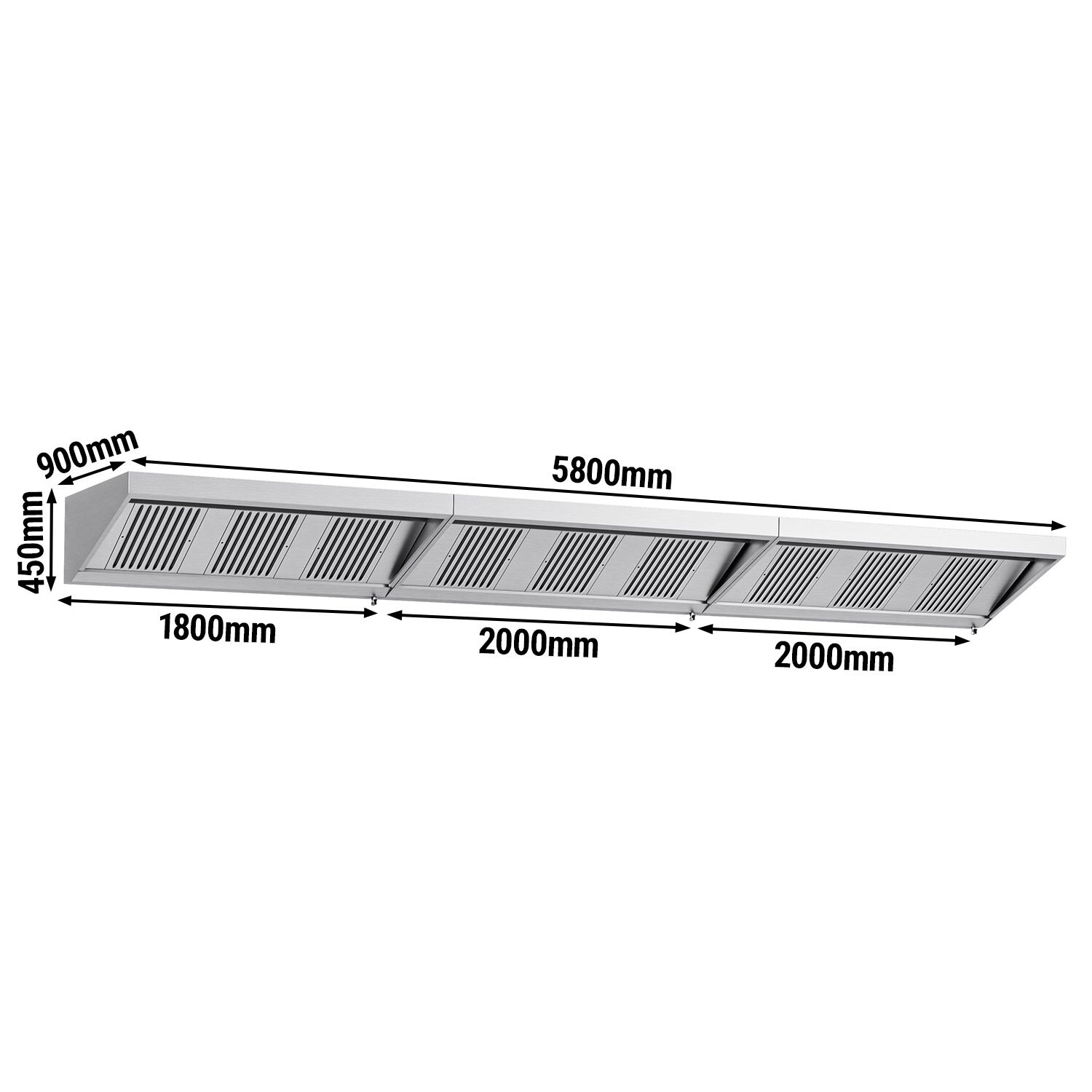 Commercial Wall-Mounted Extraction Canopy - 5800mm - with Baffle Filters & LED Lighting