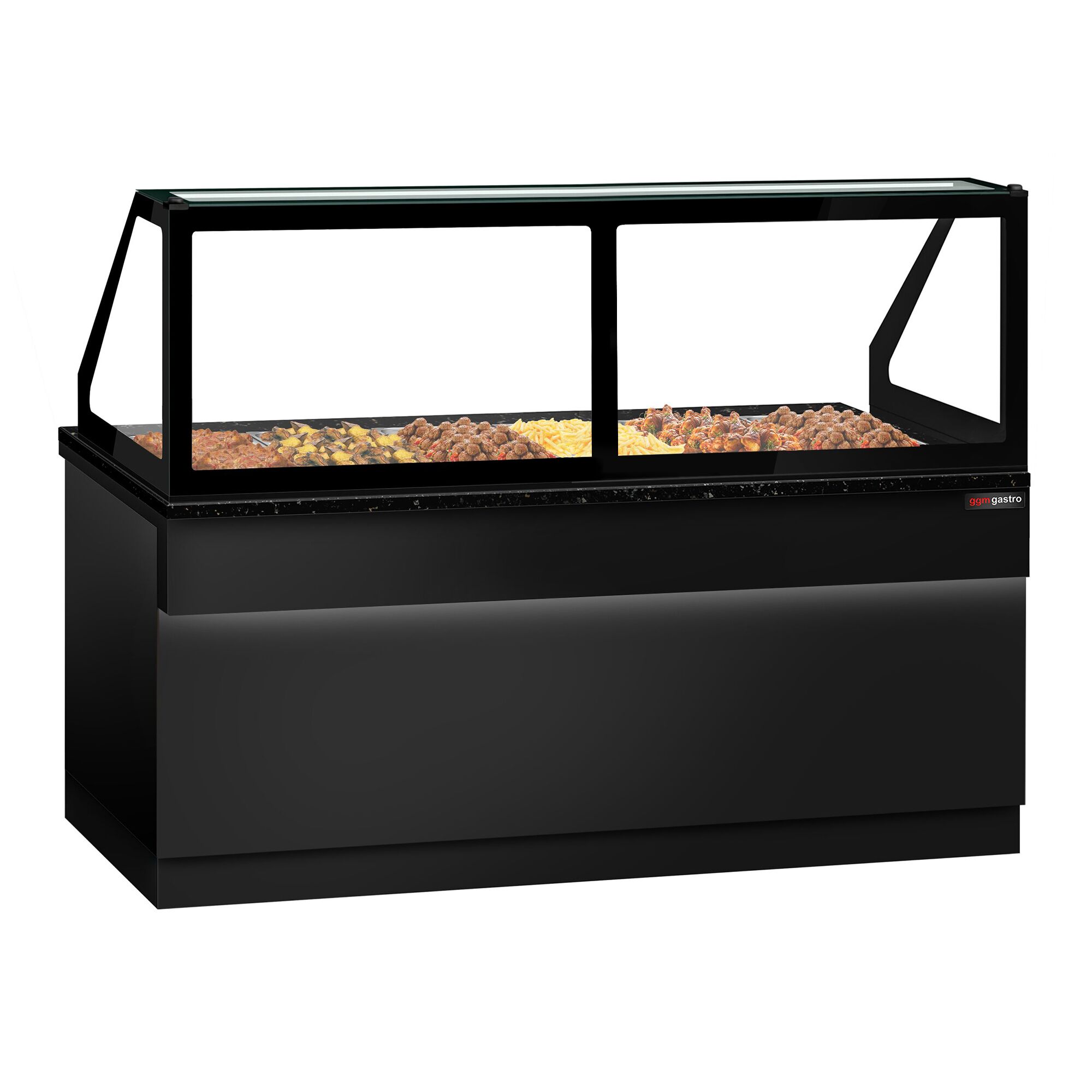 Vitrine chauffante TORONTO – 2100 mm – façade noire – pour 6 × GN 1/1 – plan de travail en granit noir