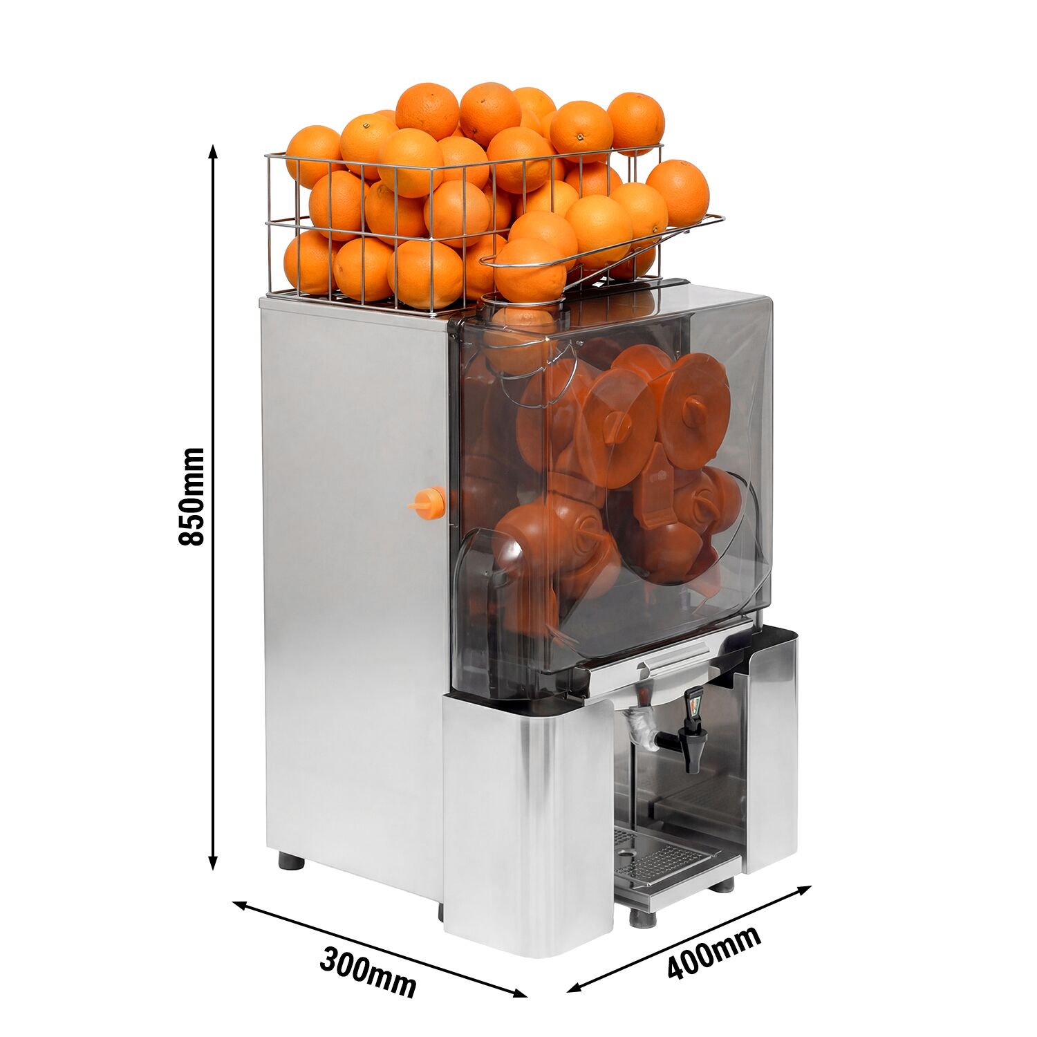 Elektrisk citruspress - 200 W - med 20 apelsiner/min, Ø 60–80 mm, korg ca 22 apelsiner, droppstopp/kran & avtagbar front för rengöring - rostfritt stål