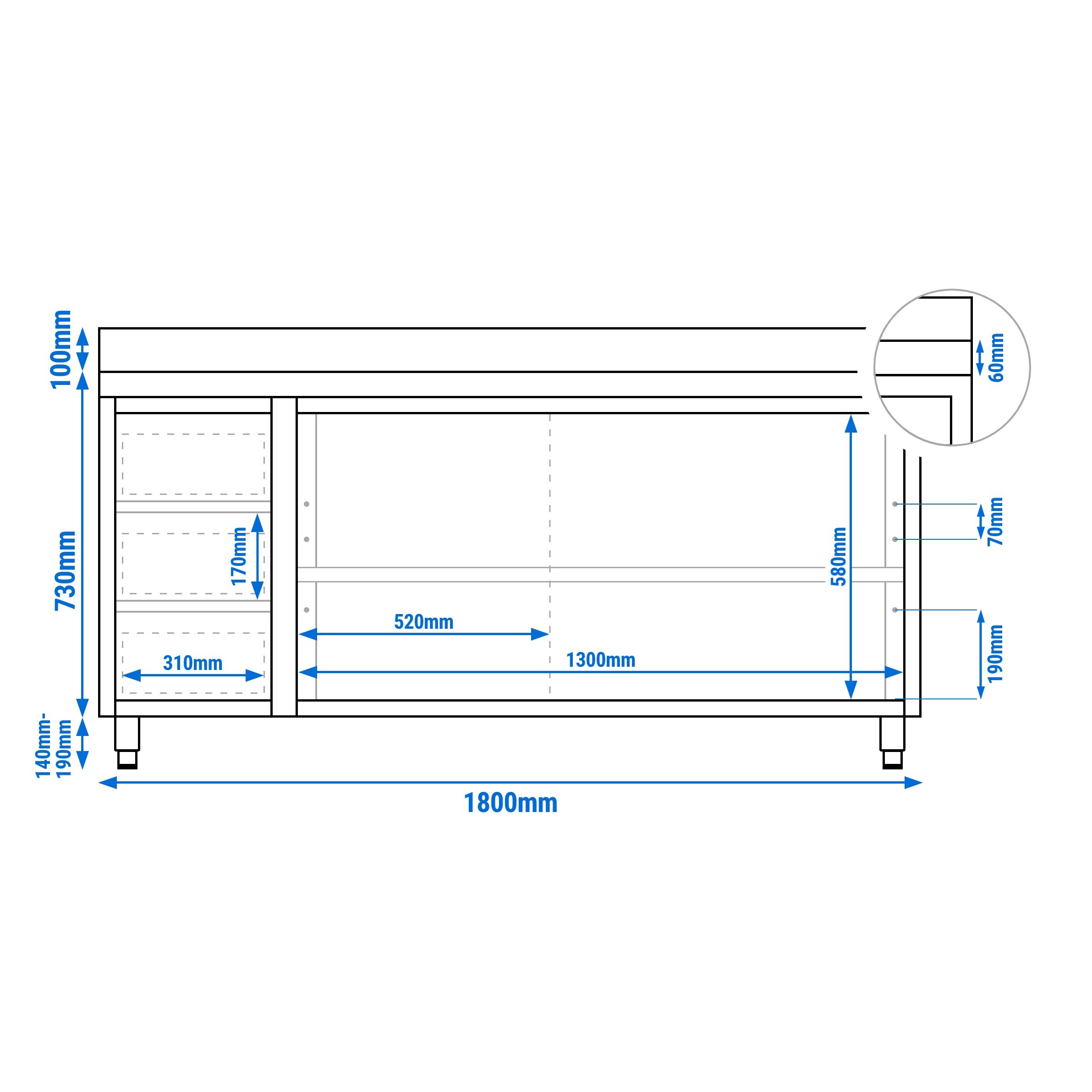 Table armoire en acier inoxydable PREMIUM - 1800x700mm - avec portes coulissantes et 3 tiroirs à gauche - avec étagère basse - avec dosseret