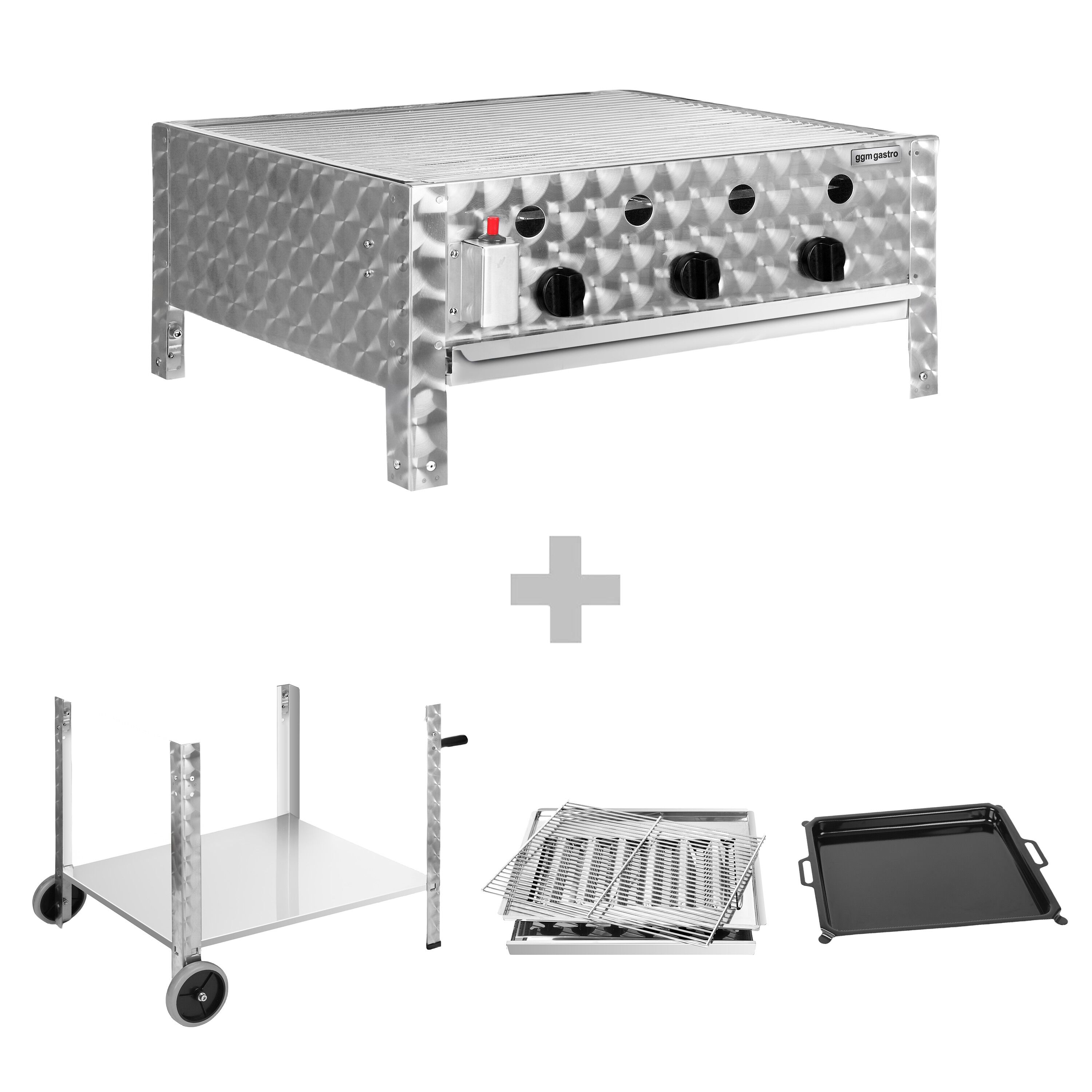 Barbecue à gaz professionnel - 10kW - sur pied - P560mm - 3 brûleurs - incl. support mobile, grille de cuisson & plaque de four