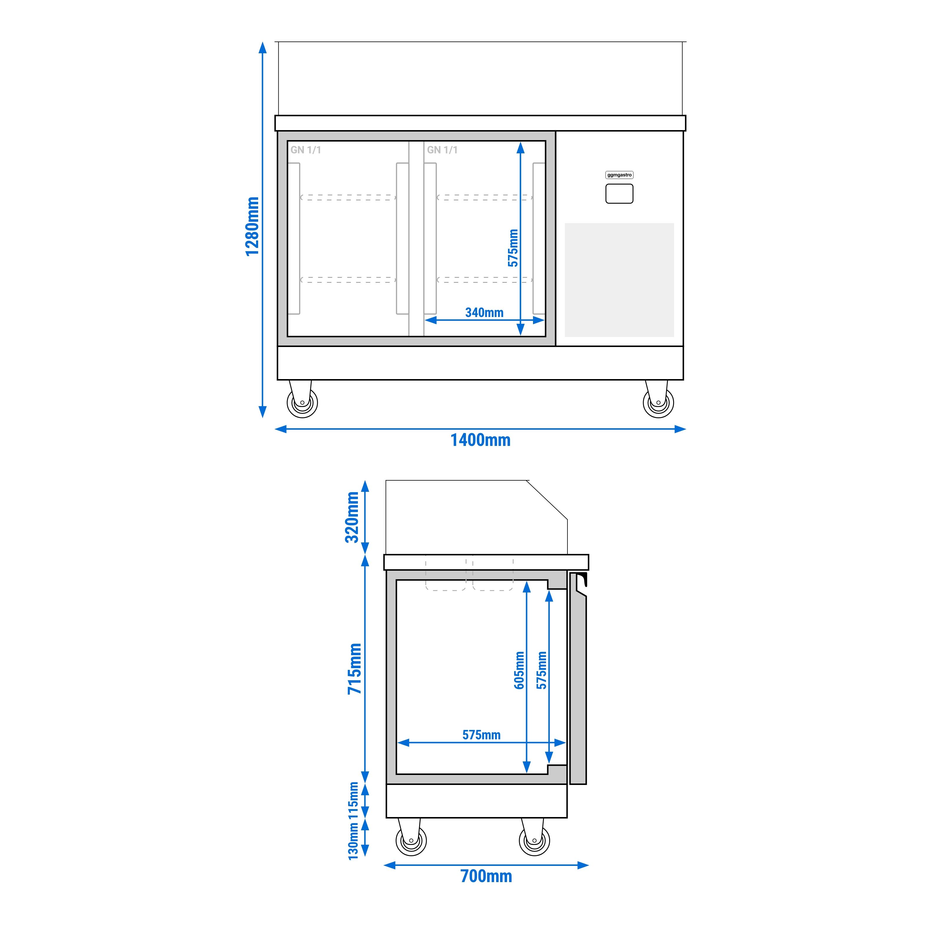 Saladette réfrigérée PREMIUM - 1400mm - 2 portes - avec vitrine de comptoir pour 6x GN 1/6