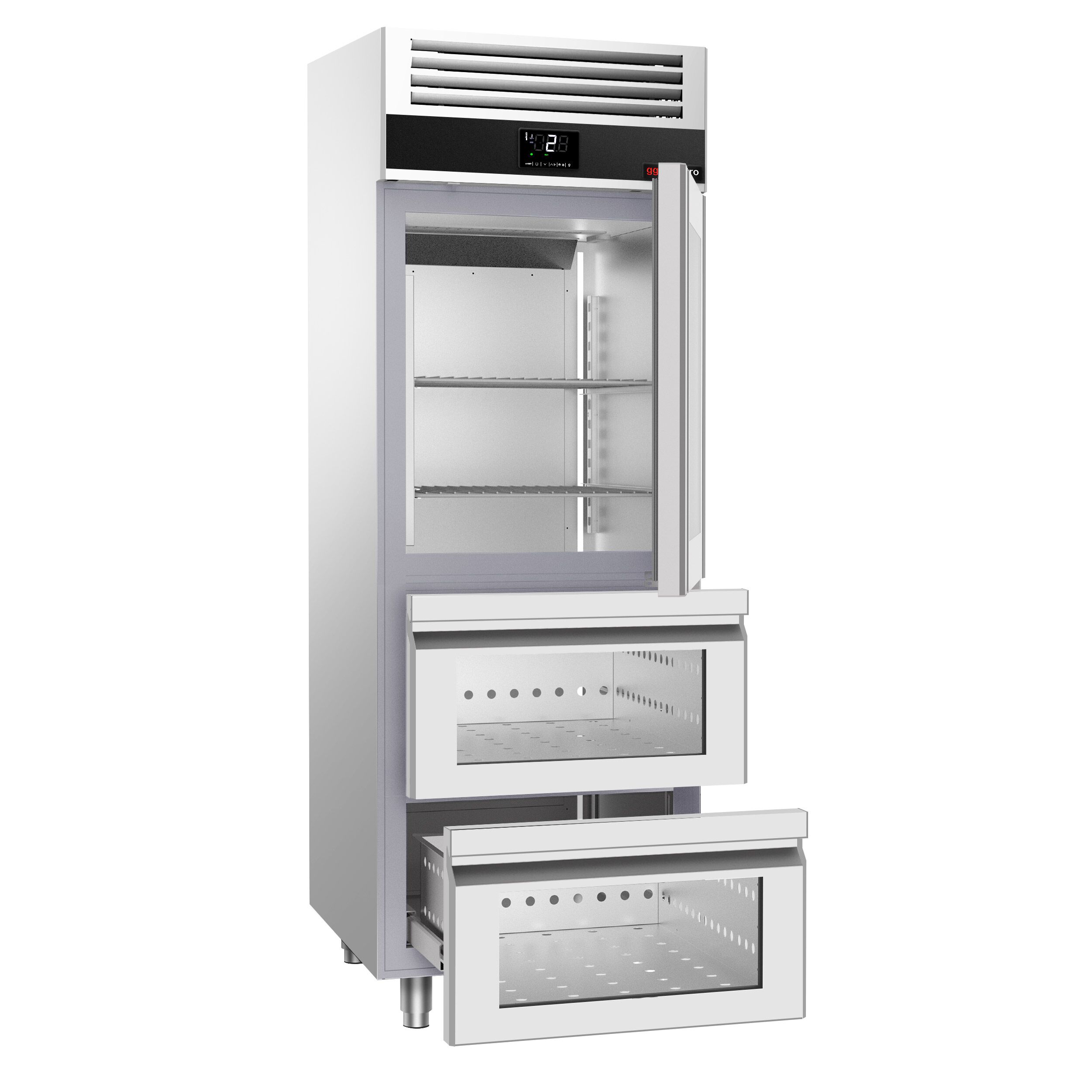 Armoire réfrigérée vitrée positive Inox AISI 304 PREMIUM - GN 2/1 - 700 L - avec 1 porte vitrée & 2 tiroirs & Glissières GN & 2 grilles GN 2/1