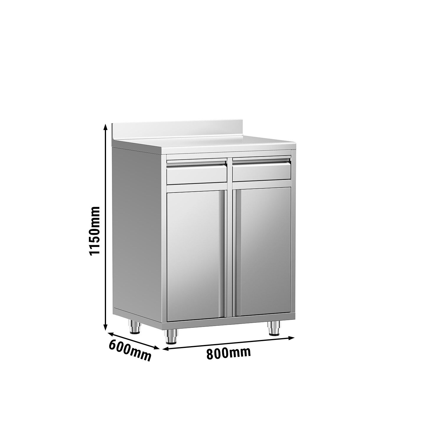 Table armoire en acier inoxydable - 800x600mm - avec 2 tiroirs et portes battantes - avec dosseret - pour machine à café (cafetière à filtre)