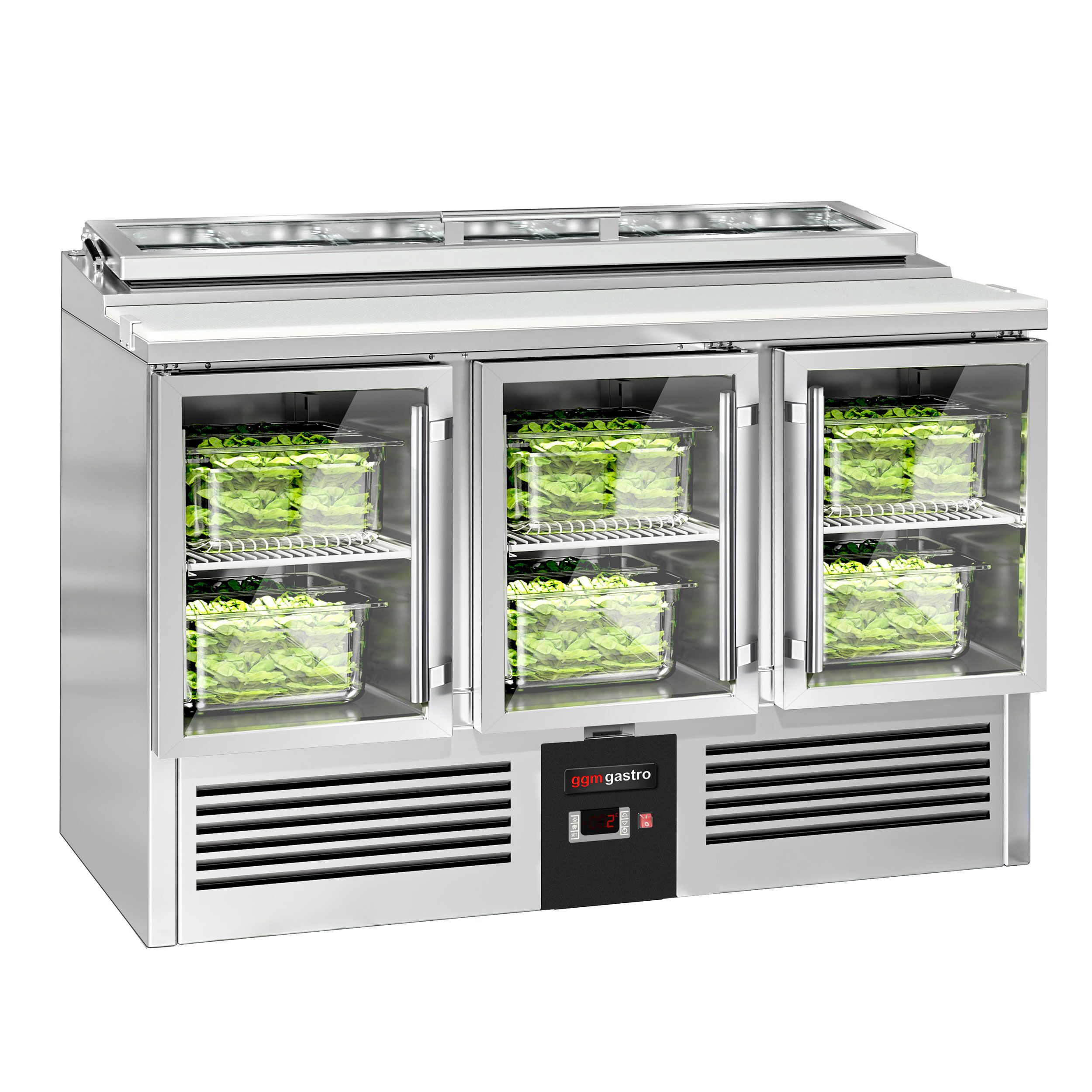 Saladette réfrigérée PREMIUM - 1365mm - 248L - 3 portes vitrées - pour 7x GN 1/3 & Couvercle verre
