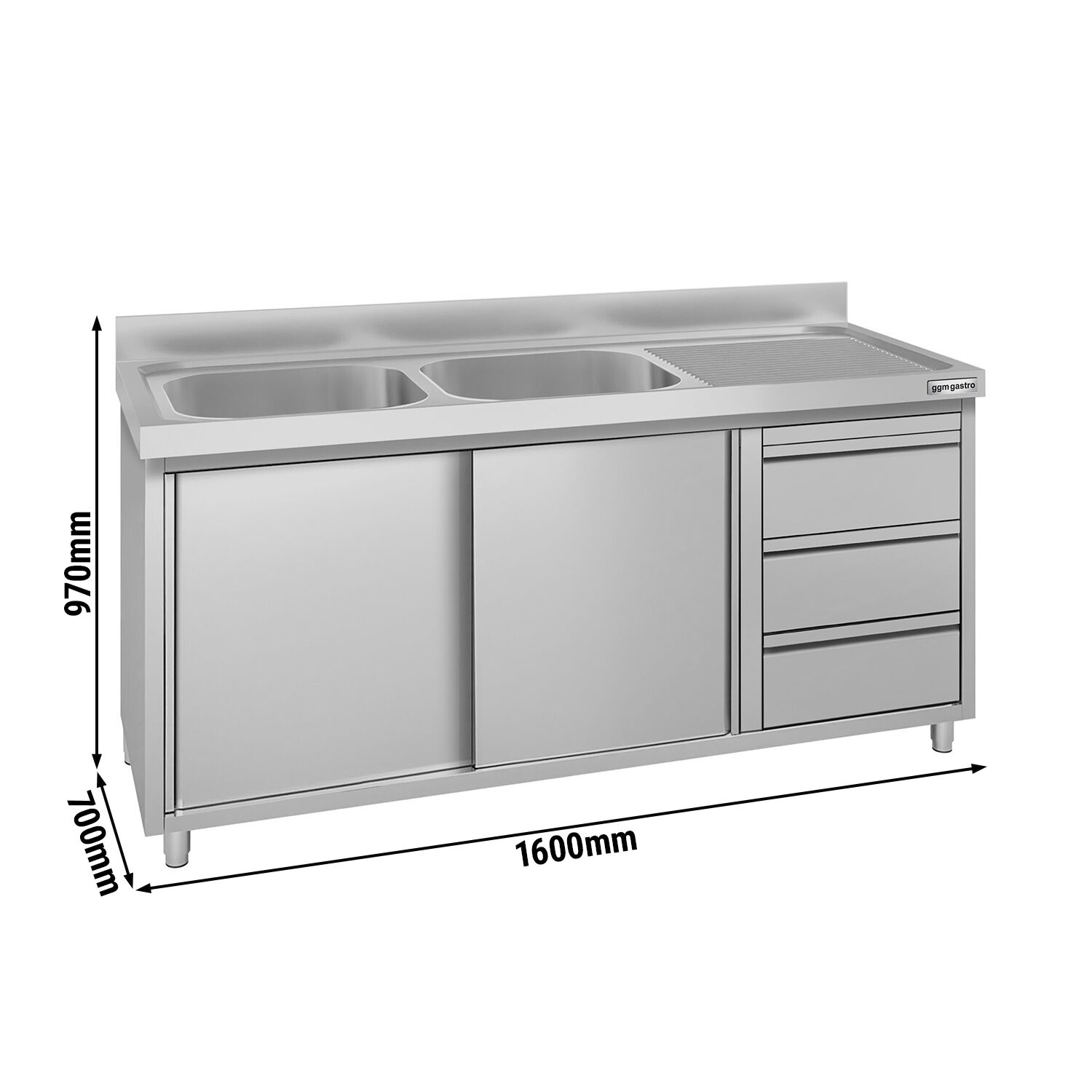 Meuble évier ECO - 1600 x 700 mm - avec 3 tiroirs & 2 bacs à gauche