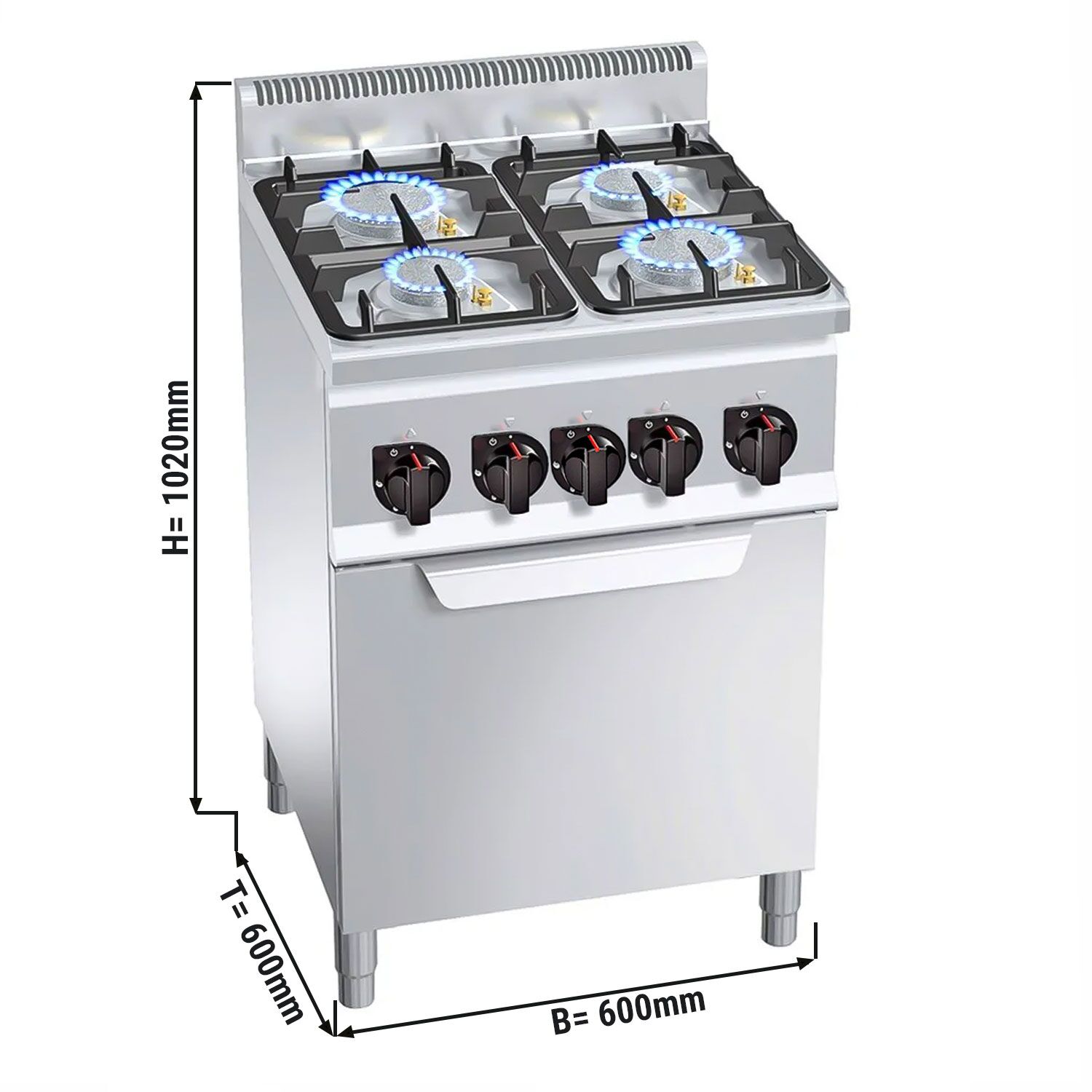 Fourneau à gaz – 19 kW – 4 brûleurs – avec four à gaz – 3,5 kW