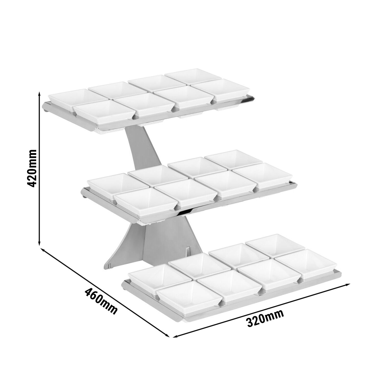 Etagere / Buffet Stand - Stainless steel frame - Chrome - square - Height: 420mm - incl. 24 Melamine bowls 100x100mm - with 3 shelves