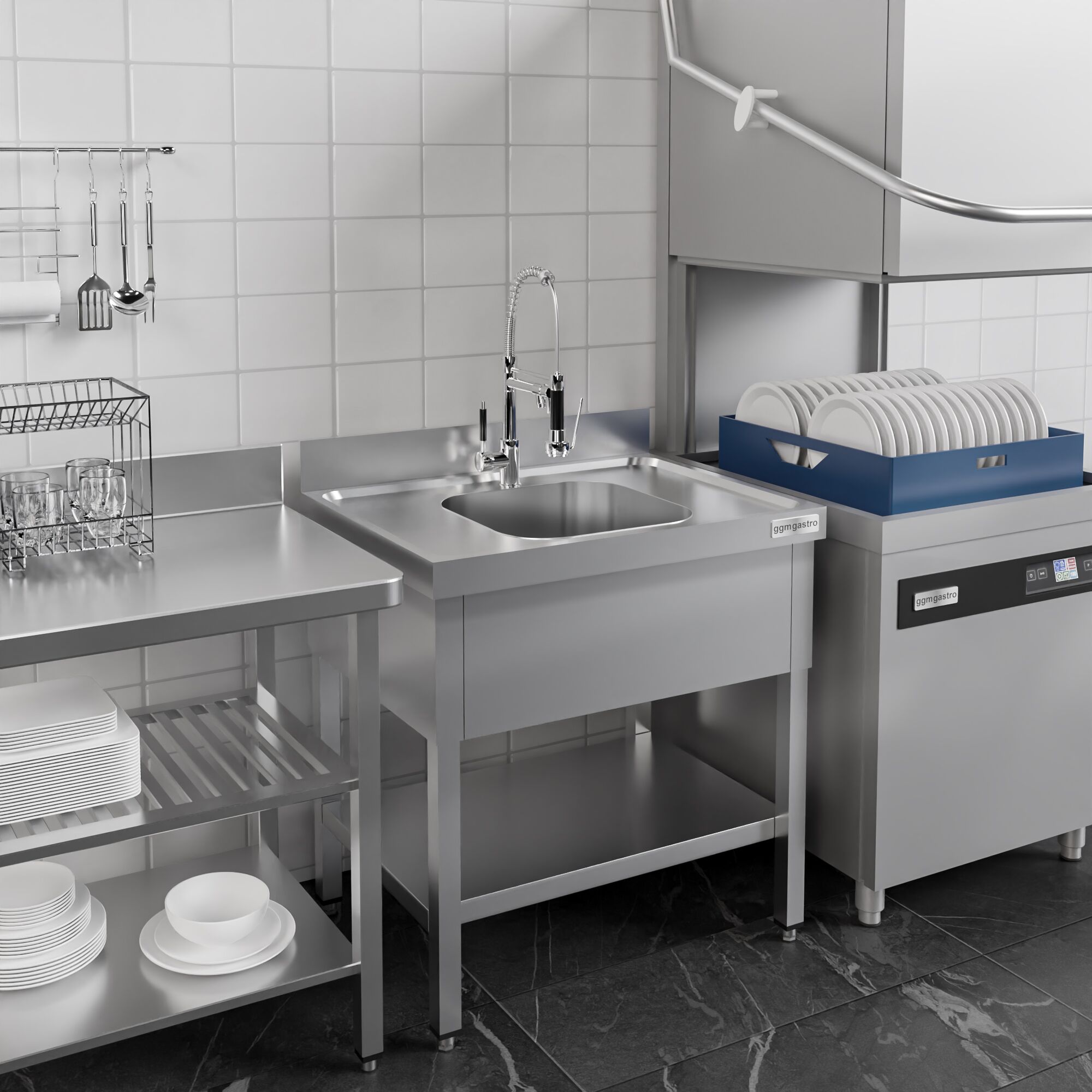 Plonge en inox ECO - 800x700mm - avec étagère basse - 1 bac au centre