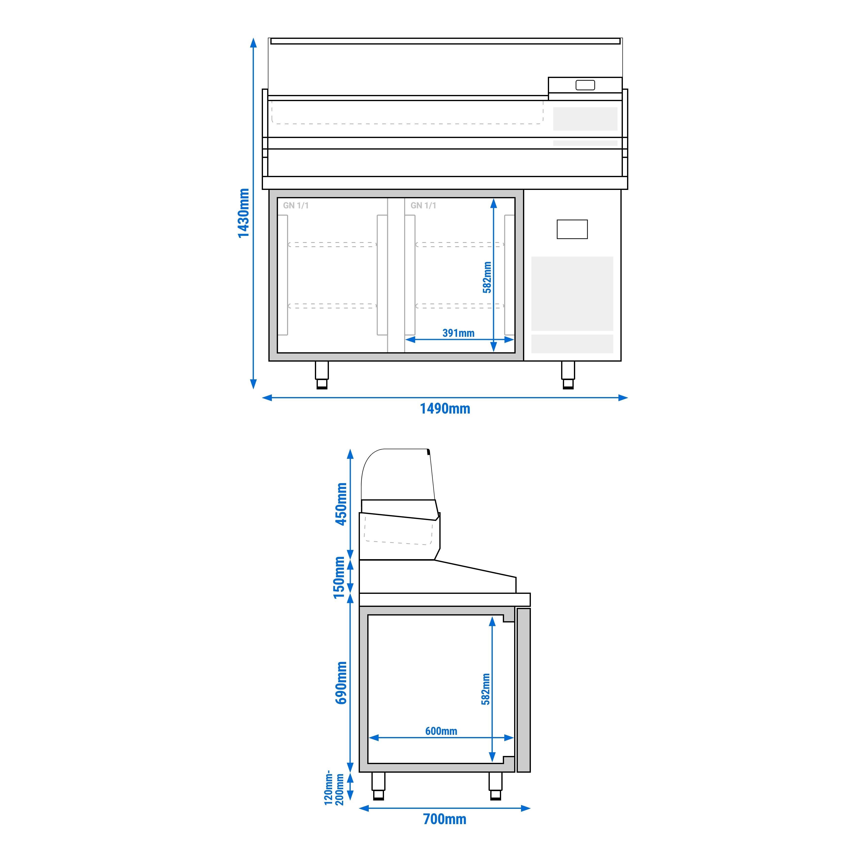 Table réfrigérée à pizza Premium PLUS - 1490 x 700 mm - avec 2 portes - incl. vitrine réfrigérée de présentation - 6x GN 1/4