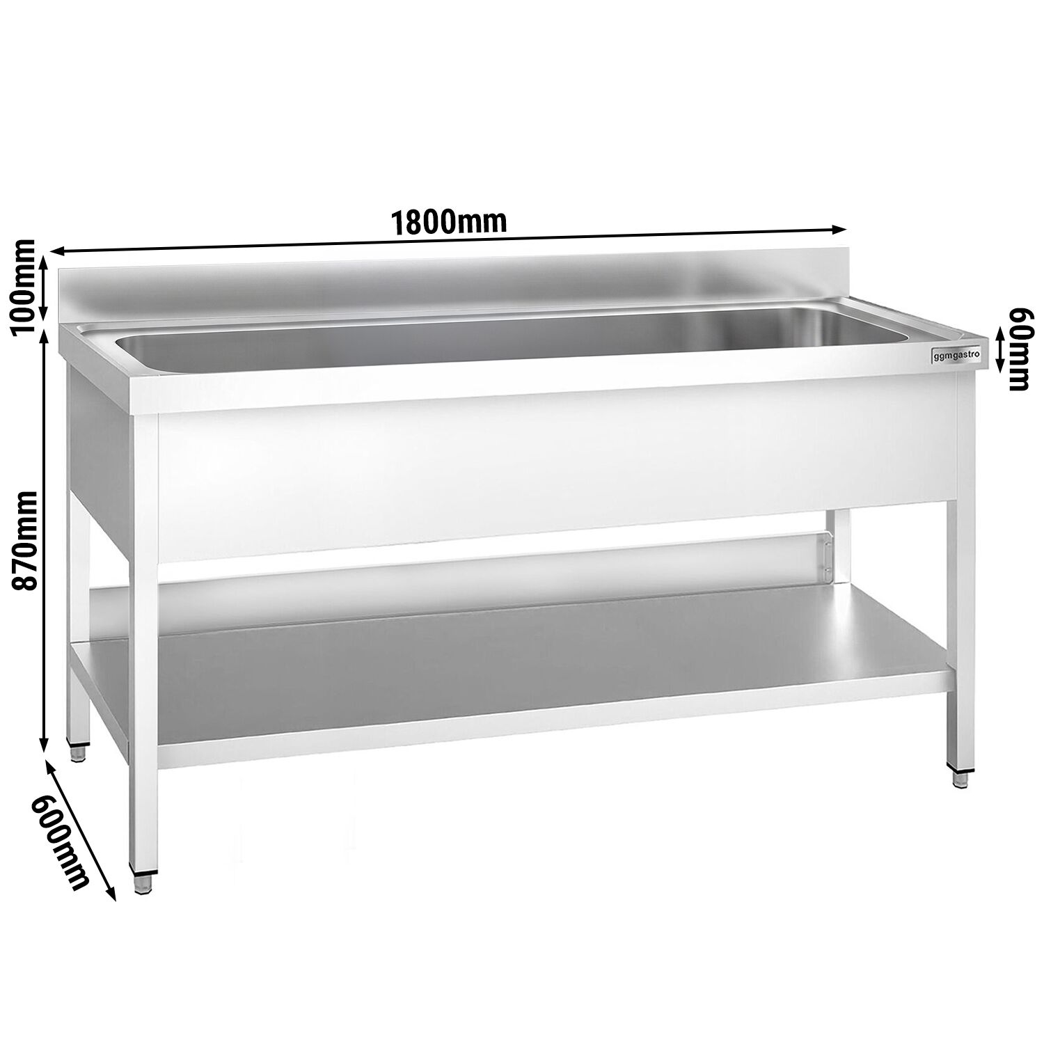 PREMIUM pot washing table - 1800x600mm - with 1 basin