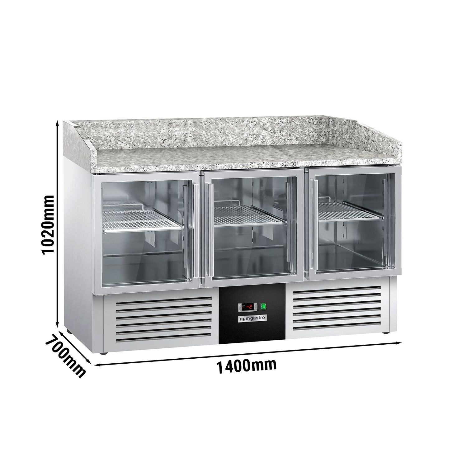 Banco pizza refrigerato PREMIUM - 1400x700mm - con 3 porte in vetro - piano in granito