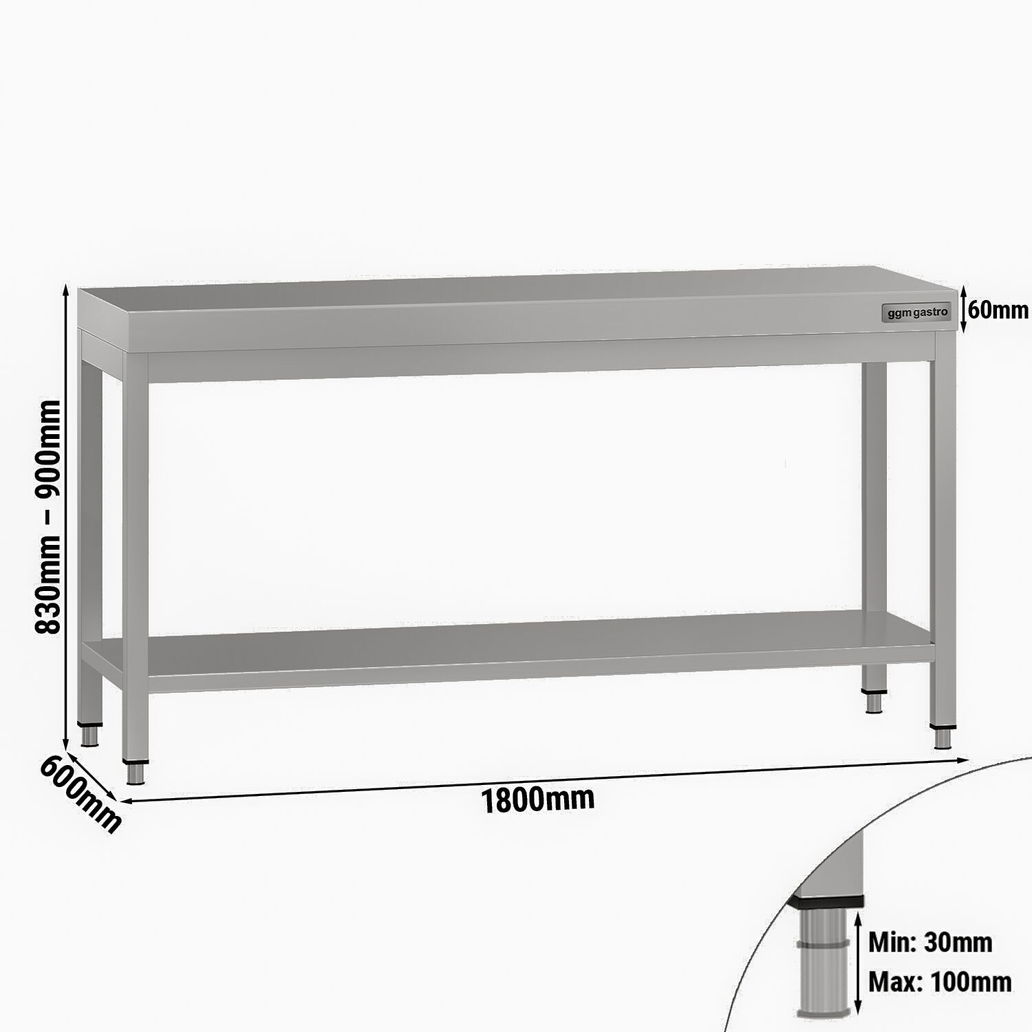 Table de travail en inox ECO – 1800 × 600 mm – avec tablette inférieure