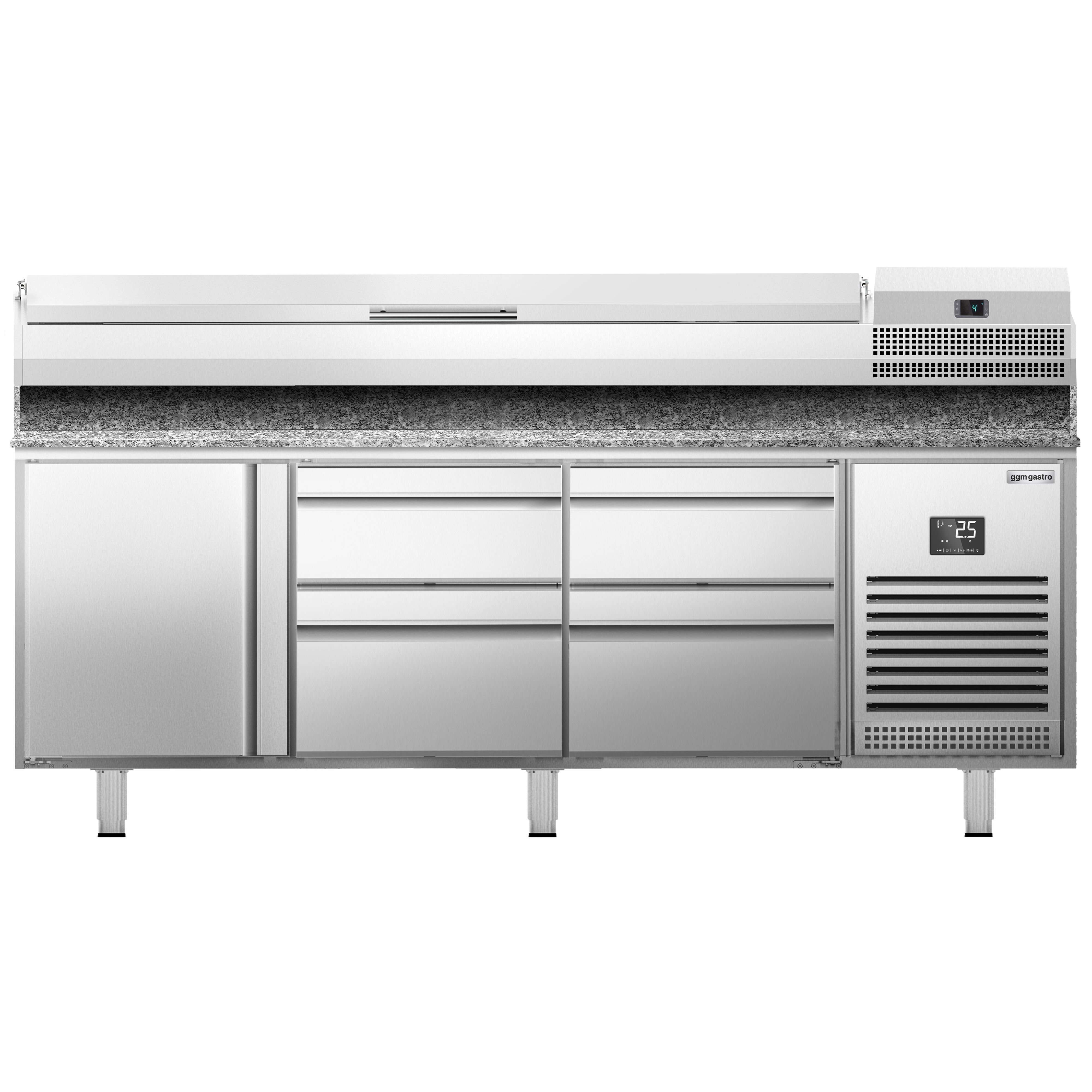 Table réfrigérée à pizza Premium PLUS - 1980x700 mm - avec 1 porte & 4 tiroirs - incl. vitrine réfrigérée - 9x GN 1/4