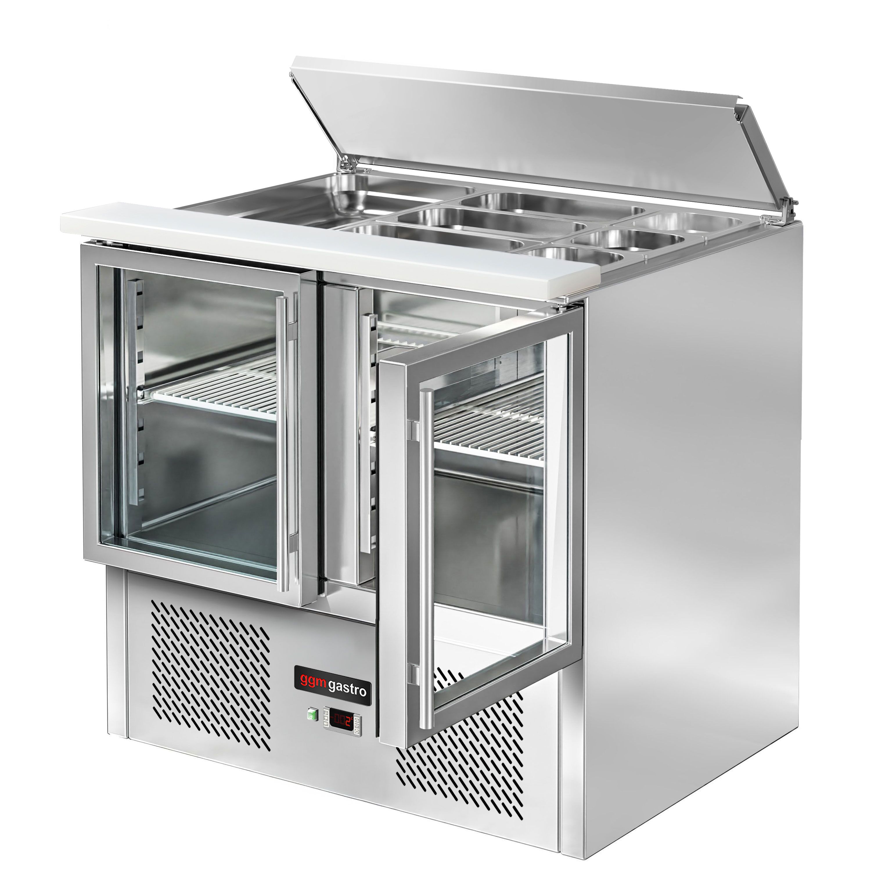 Saladette réfrigérée ECO - 903mm - 240L - 2 portes vitrées - avec découpe pour 2x GN 1/1 & 3x GN 1/6 & Couvercle inox