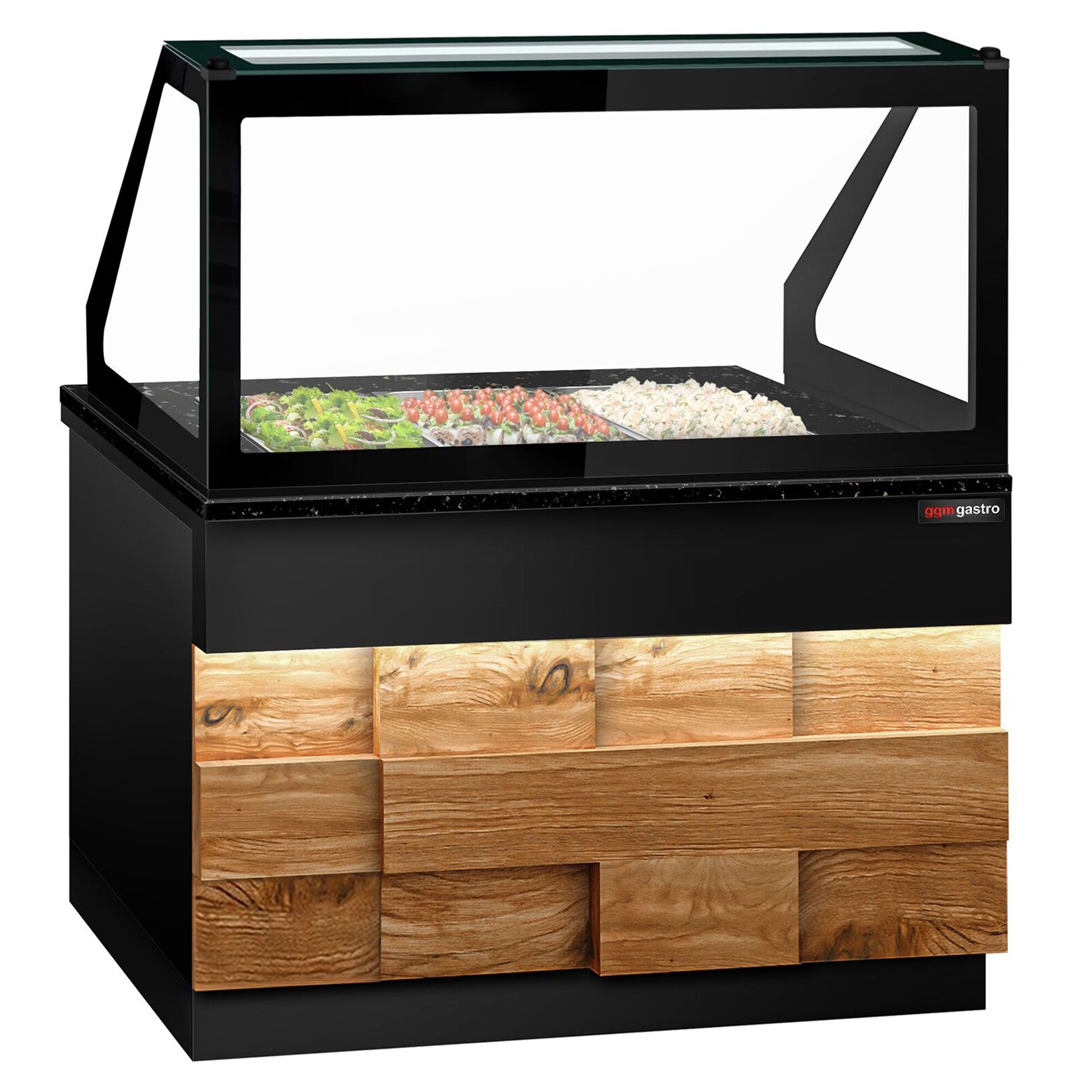 Saladette réfrigérée - 1250mm - façade décor bois naturel - 2 portes - avec vitrine de comptoir pour 3x GN 1/1 & 1 étagère - plan de travail en granit noir
