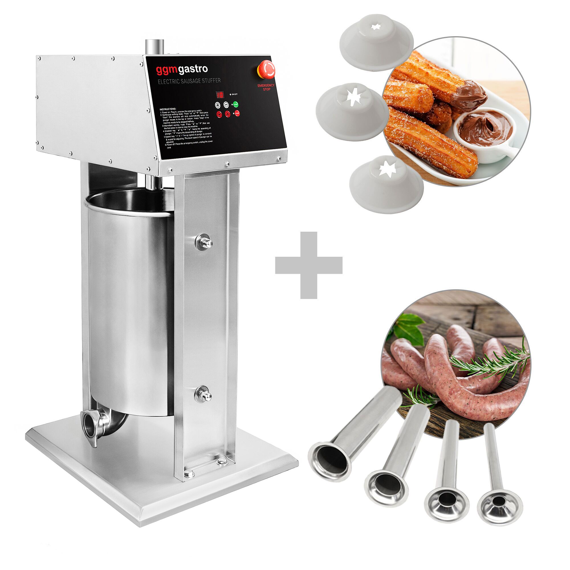 Elektrischer Wurstfüller & Churro-Maschine - 30 Liter - 180 Watt - Edelstahl - inkl. 4 Wurstfüller- & 3 Churro-Aufsätze