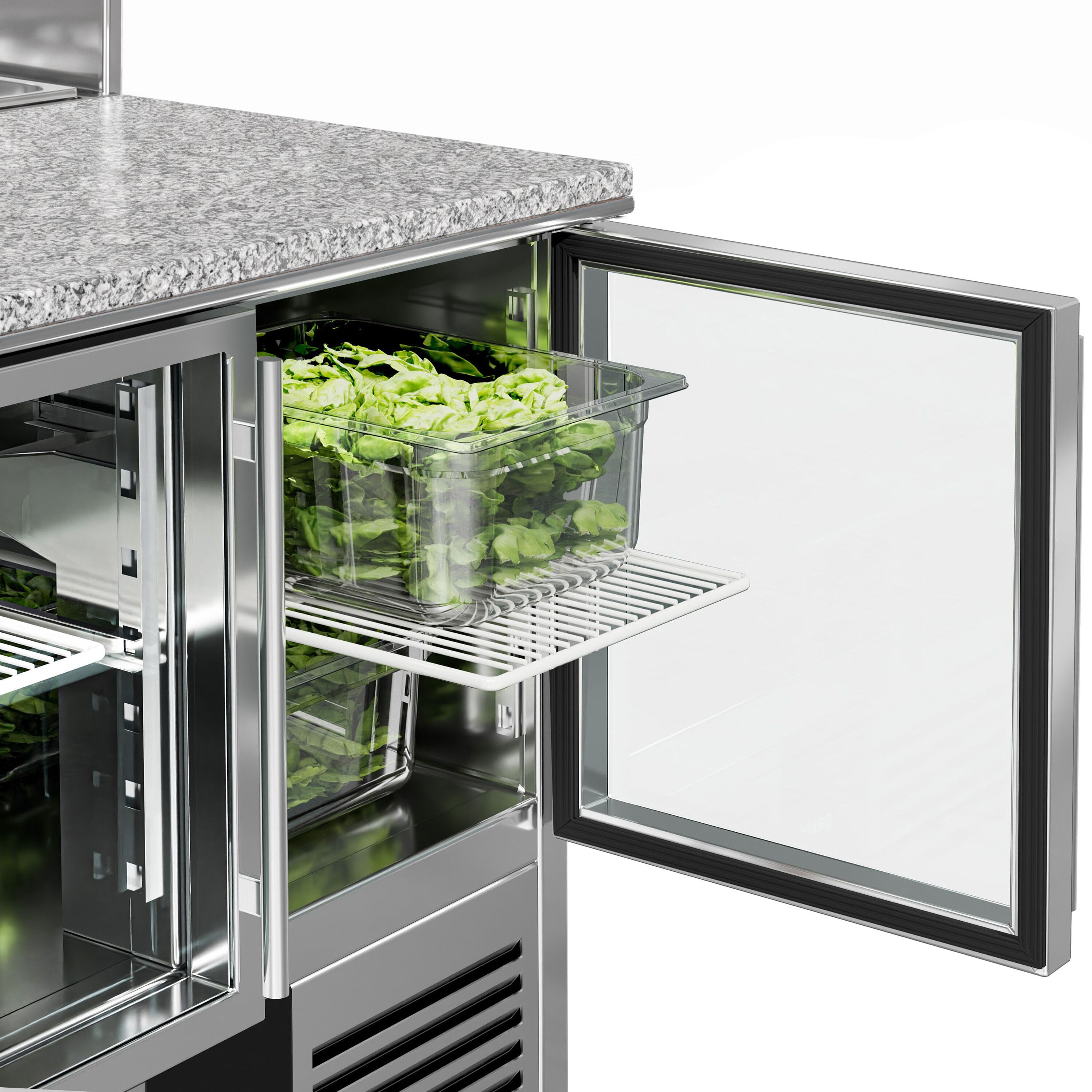 Saladette réfrigérée PREMIUM - 903mm - 240L - 2 portes vitrées - avec ensemble inox (dessus GN) pour 5x GN 1/6 & Couvercle inox - plan de travail en granit noir
