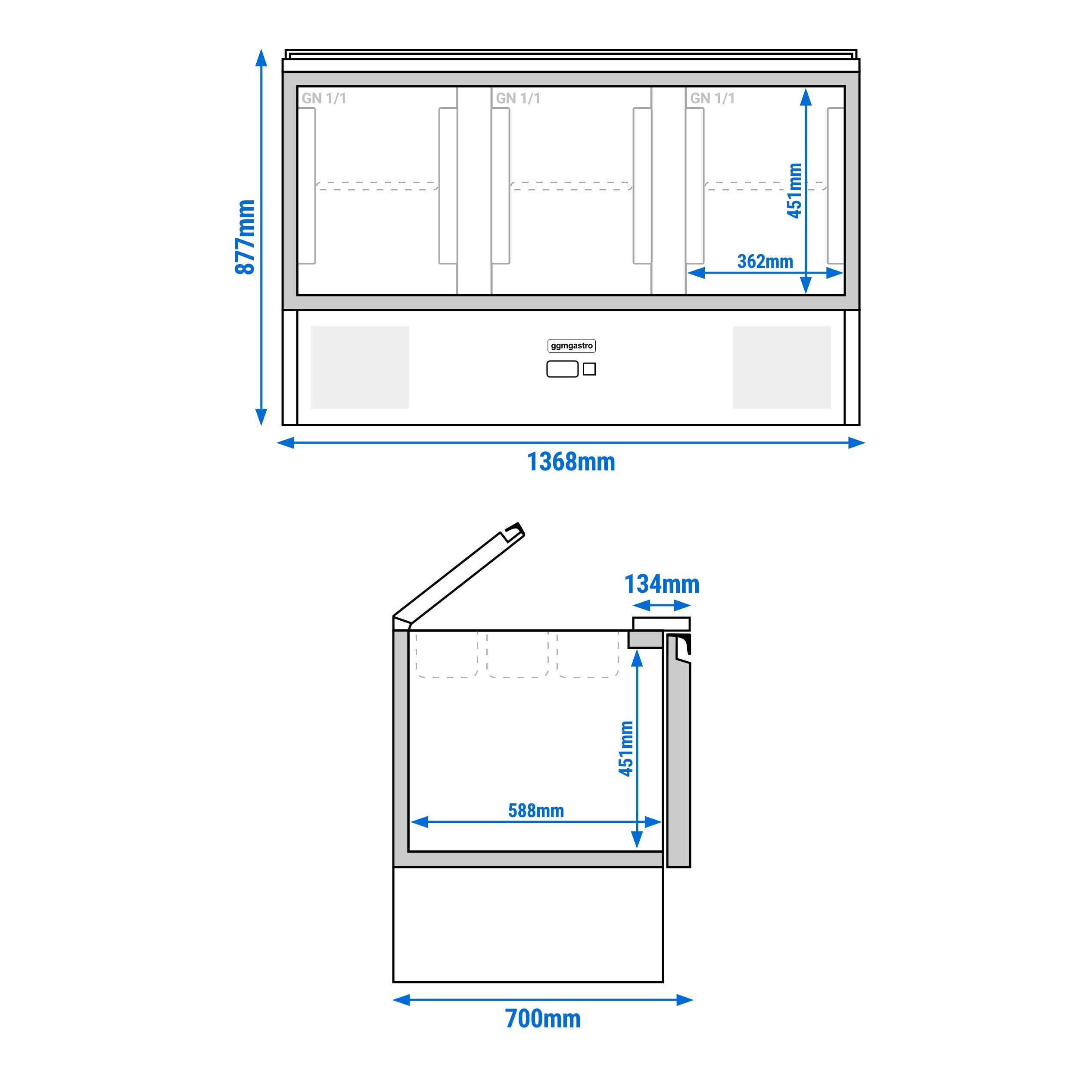 Saladette réfrigérée PREMIUM - 1368mm - 368L - 3 portes - avec découpe pour 4x GN 1/1 & Couvercle inox