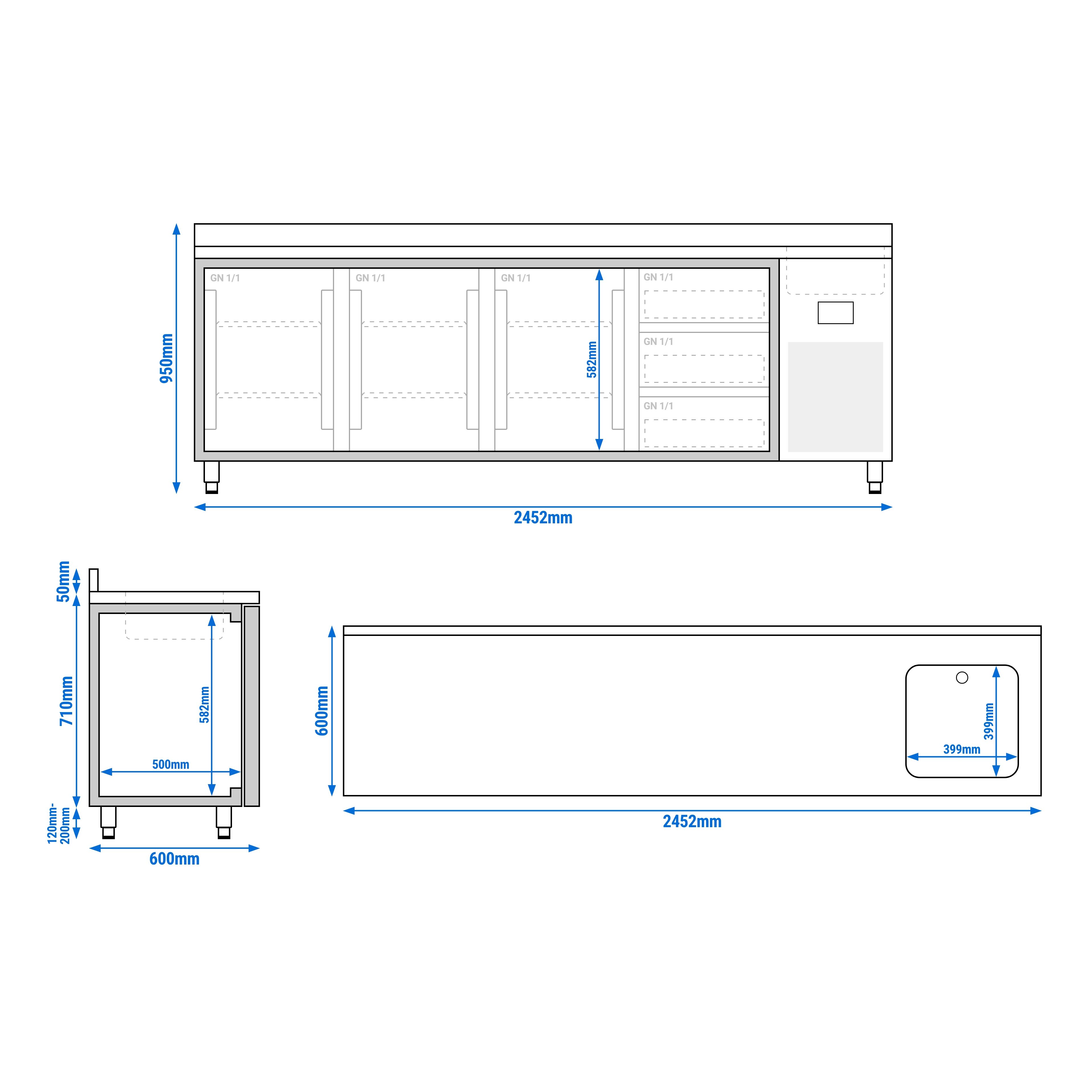 Table réfrigérée Premium PLUS - 2452 x 600 mm - avec 1 bac, 3 portes, 3 tiroirs - dosseret