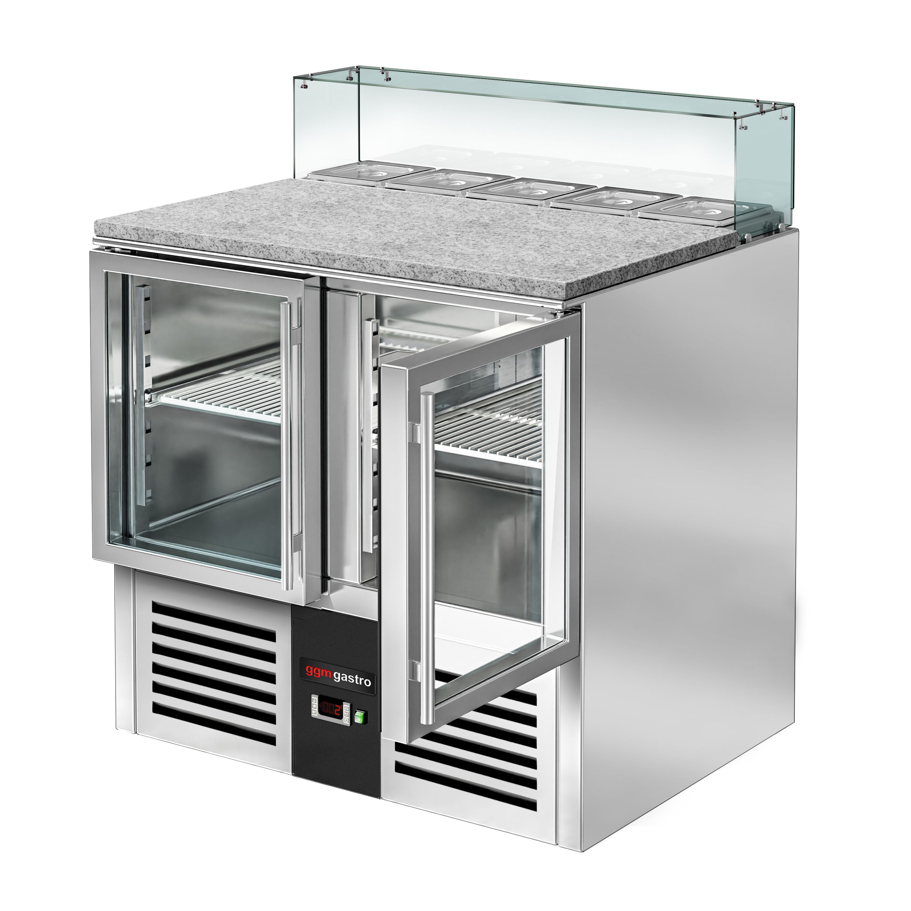 Saladette réfrigérée PREMIUM - 900mm - 240L - 2 portes vitrées - avec vitrine de comptoir pour 5x GN 1/6 - Pour FR