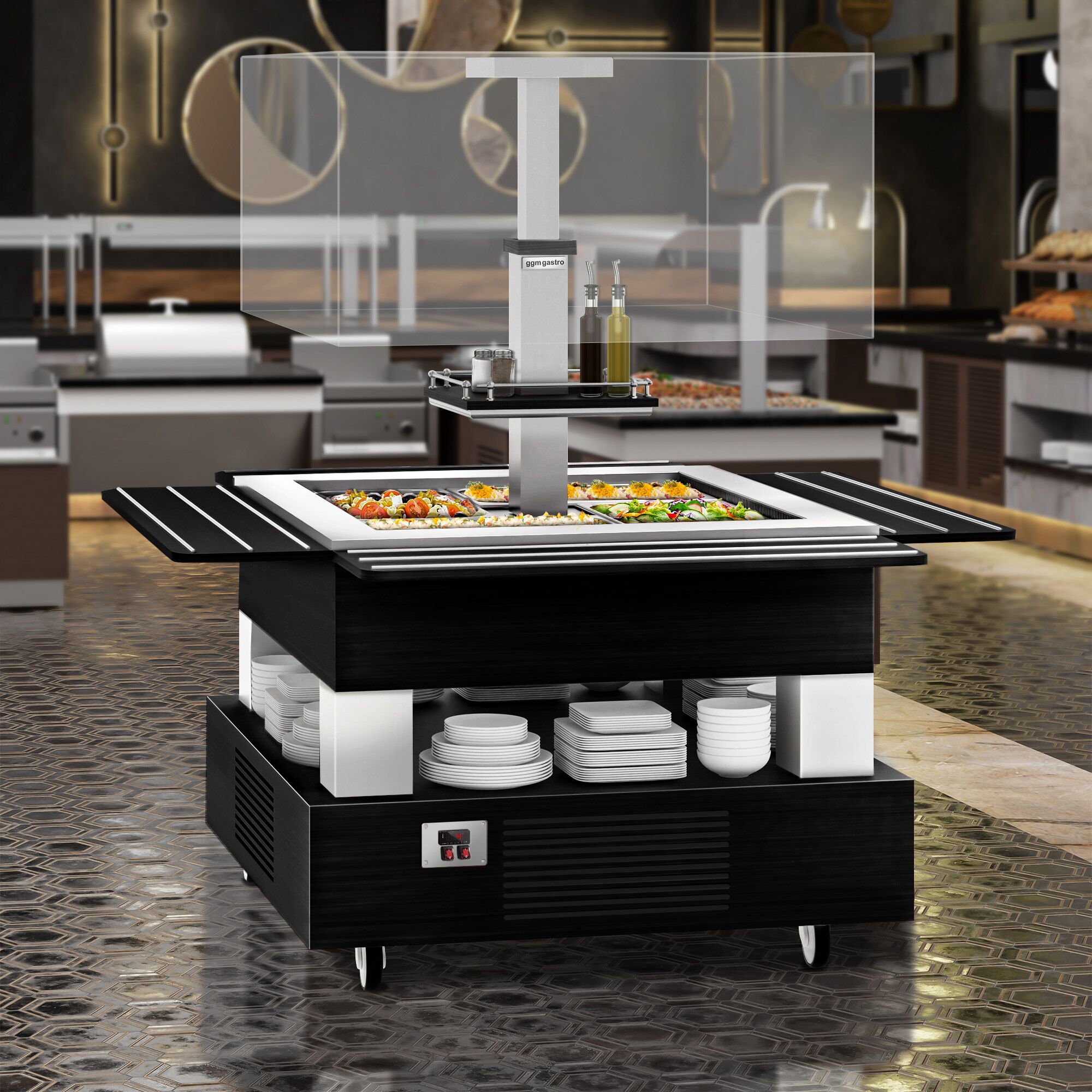 Salatbar Kaltbuffet DUBLIN - 1600mm - mit geradem Glasaufsatz - für 4x GN 1/1 - Schwarz