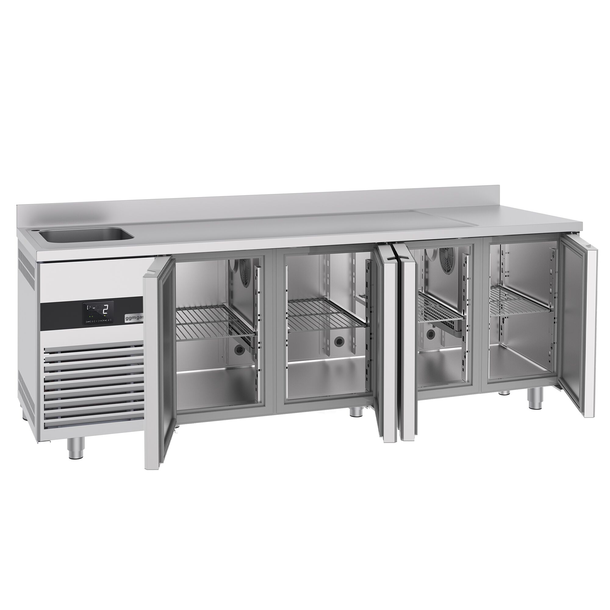 Commercial Counter Fridge PREMIUM - 2360x720mm - with 4 doors - with sink left - with upstand - capacity 540 litres