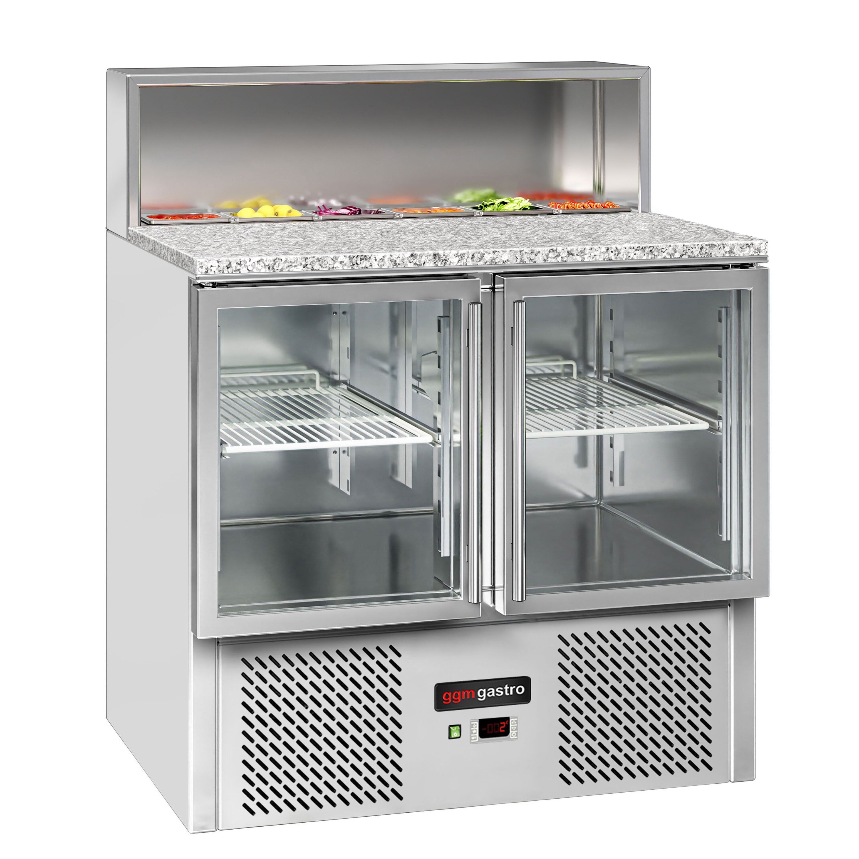 Saladette réfrigérée ECO - 903mm - 2 portes vitrées - pour 5x GN 1/6 & Couvercle inox - plan de travail en granit noir - 240L