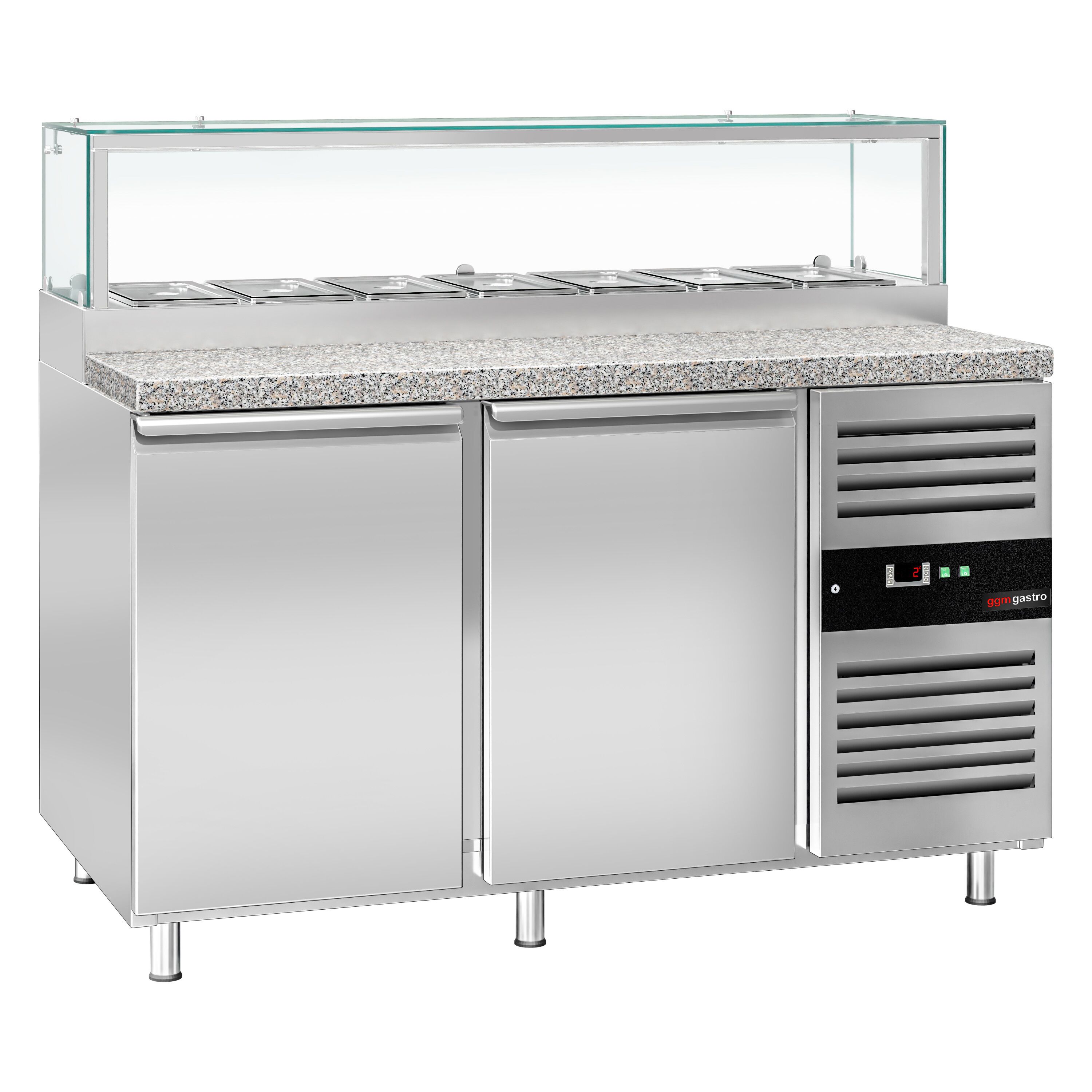 Saladette réfrigérée PREMIUM - 1510mm - 390L - 2 portes - avec vitrine de comptoir pour 7x GN 1/3 & 1 étagère - plan de travail en granit noir