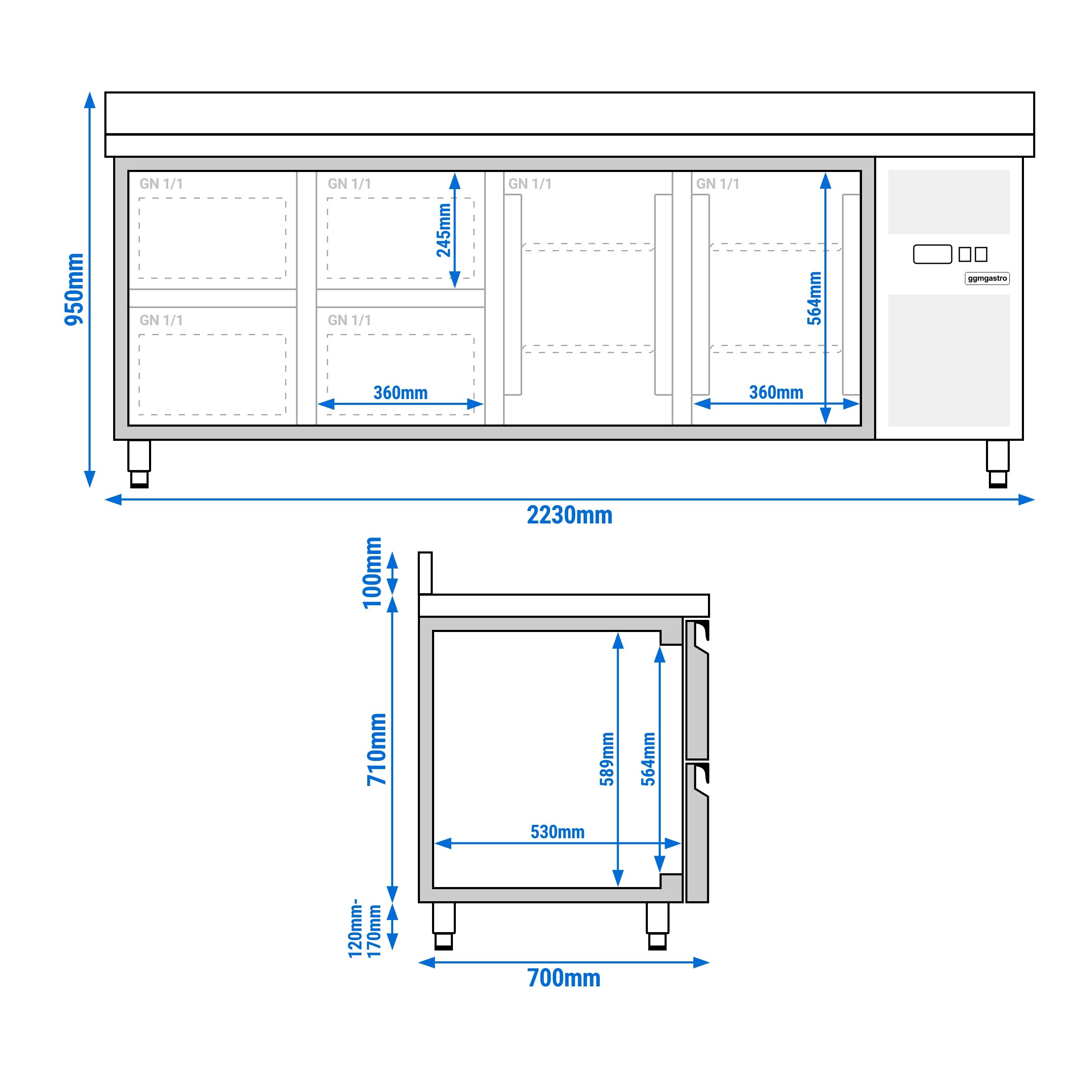Table réfrigérée ECO - 2230 x 700 mm - avec 2 portes - 4 tiroirs - dosseret