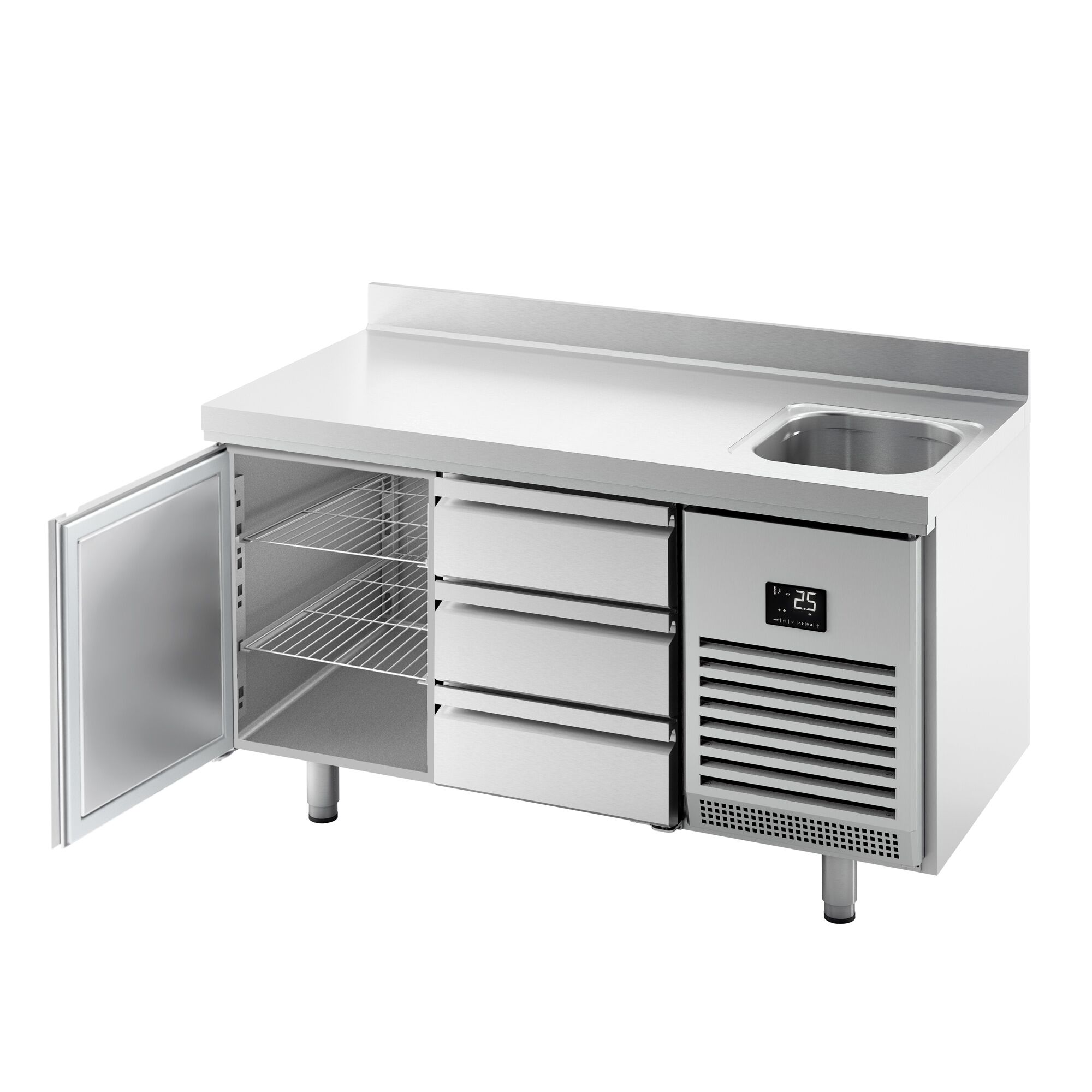 Table réfrigérée Premium PLUS - 1468 x 700 mm - avec 1 bac, 1 porte, 3 tiroirs - dosseret