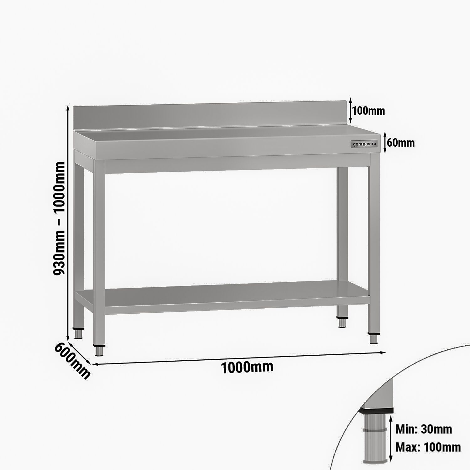 Table de travail en inox ECO – 1000 × 600 mm – avec tablette inférieure & dosseret