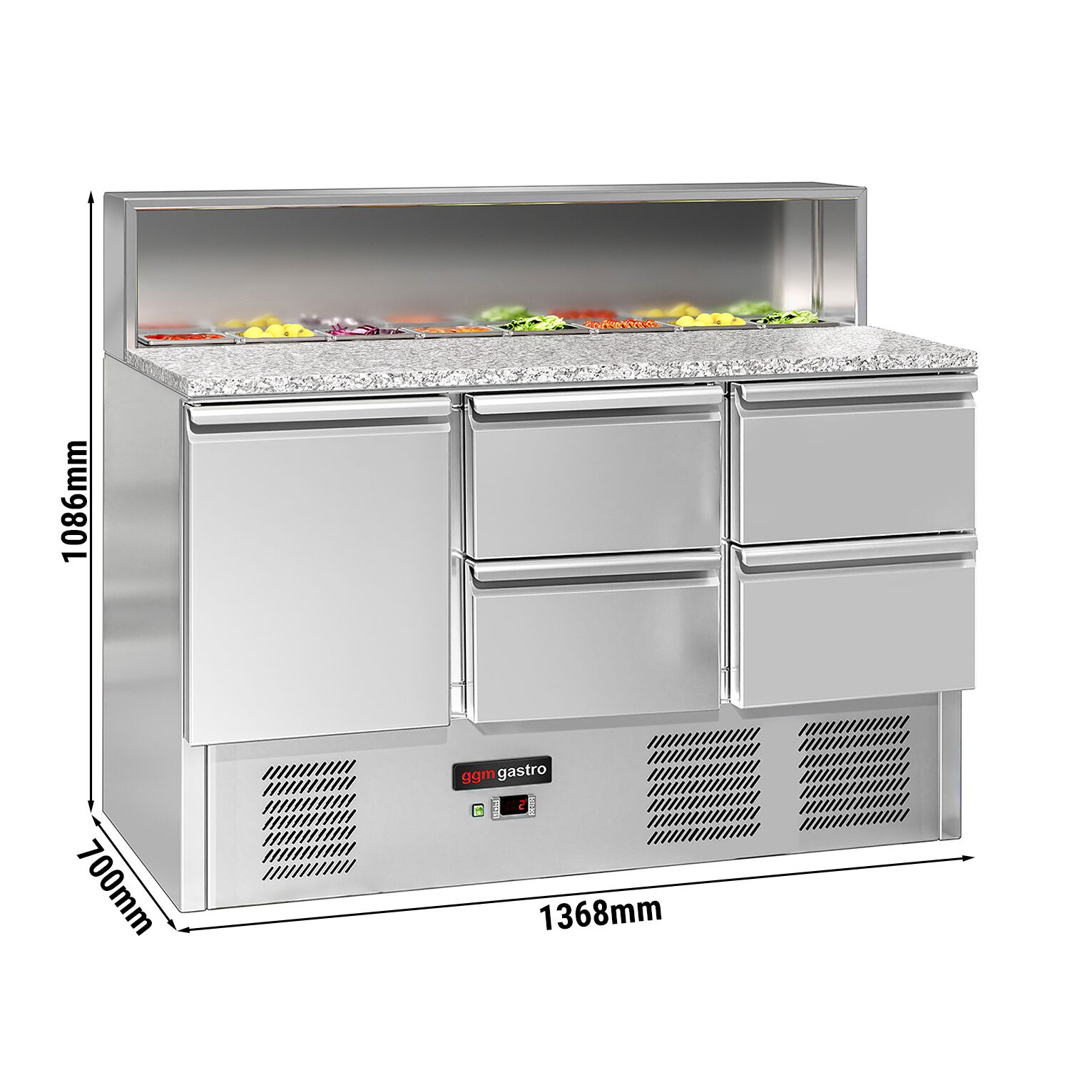 Table à pizza réfrigérée ECO - 1368mm - 402L - 1 porte & 4 tiroirs - pour 8x GN 1/6 & Couvercle inox - plan de travail en granit noir
